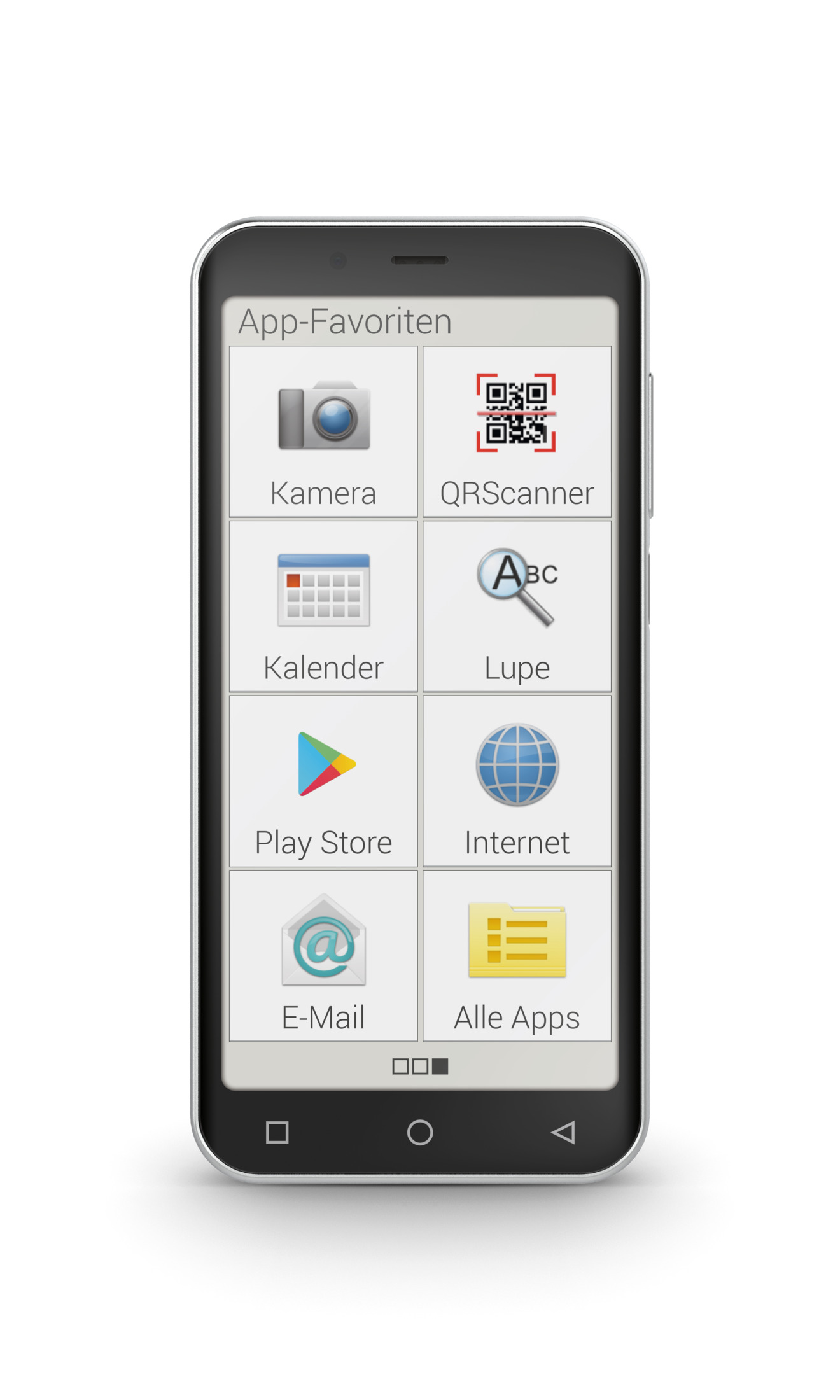 Smartphone, der App-Symbole anzeigt, einschließlich Kamera, QR-Scanner, Kalender und E-Mail. Das Telefon ist silber.