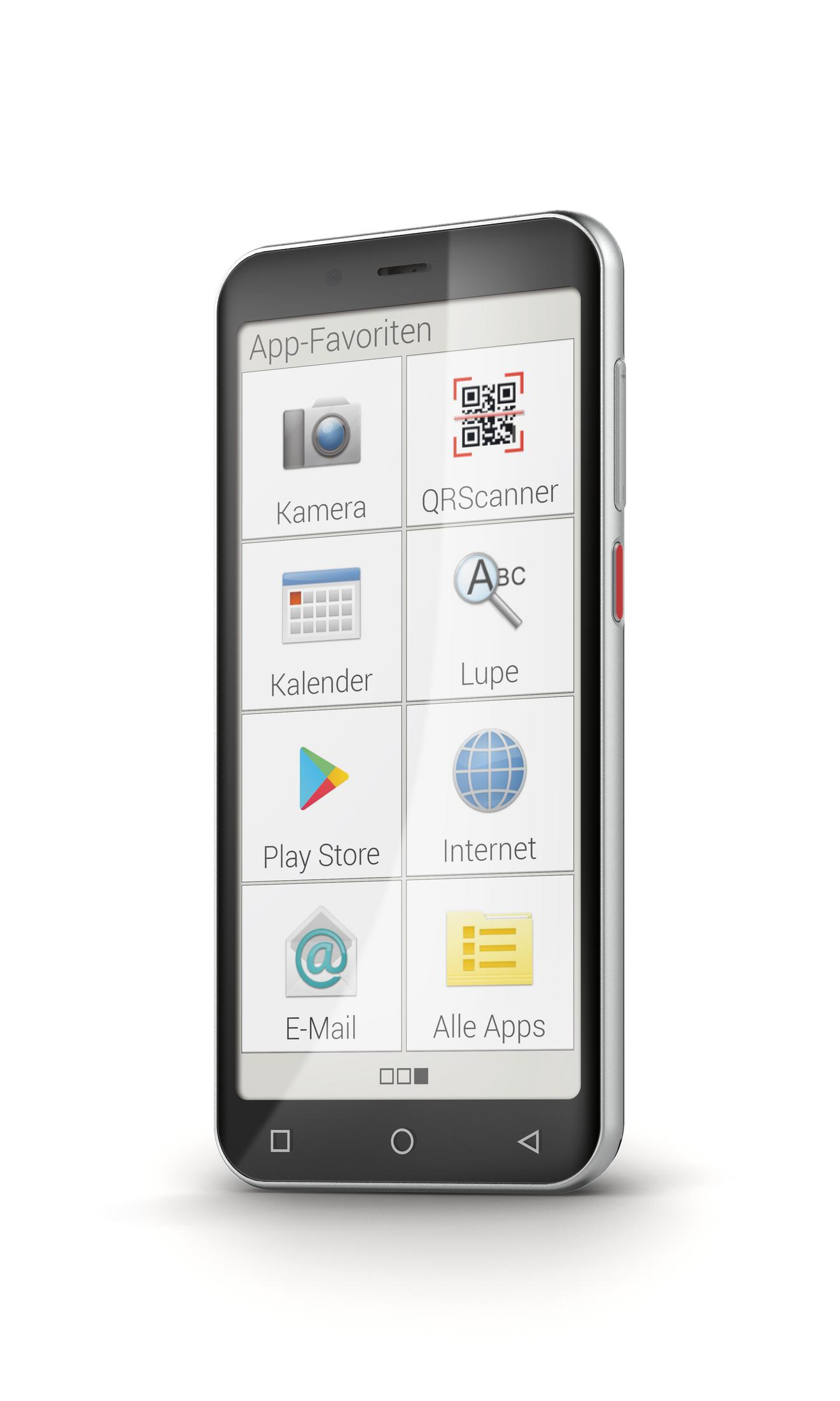 Smartphone mit App-Symbolen, einschließlich Kamera, QR-Scanner, Kalender und Internet.