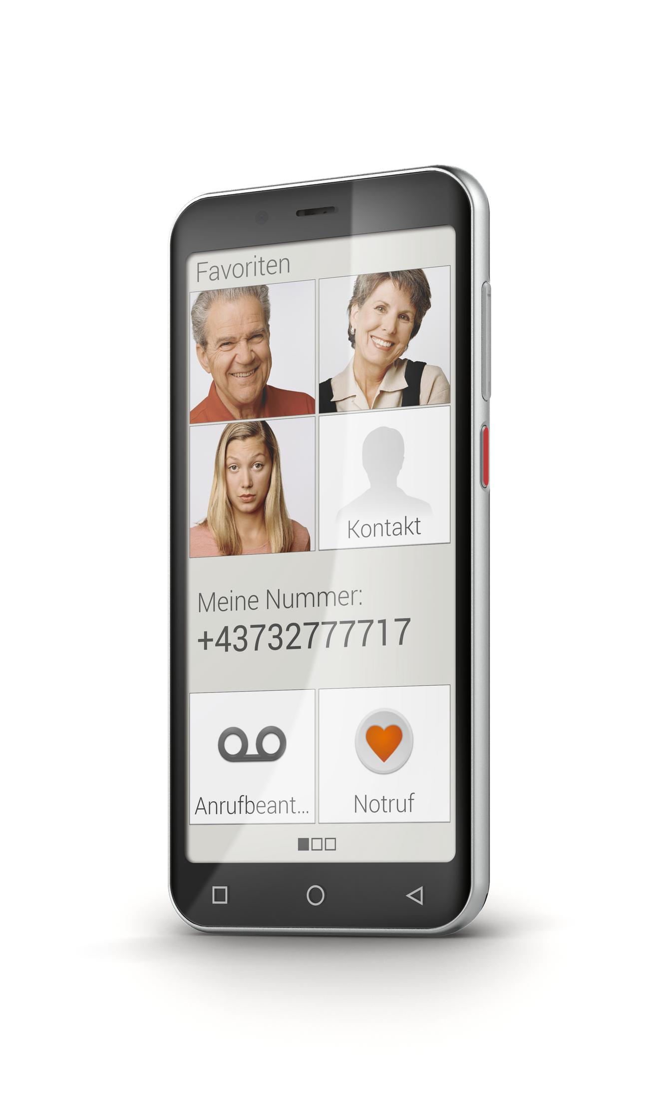 Smartphone zeigt Kontakte an. Vier Kontaktfotos sind sichtbar. Der Bildschirm zeigt eine Telefonnummer und Voicemail/Notruf Symbole.