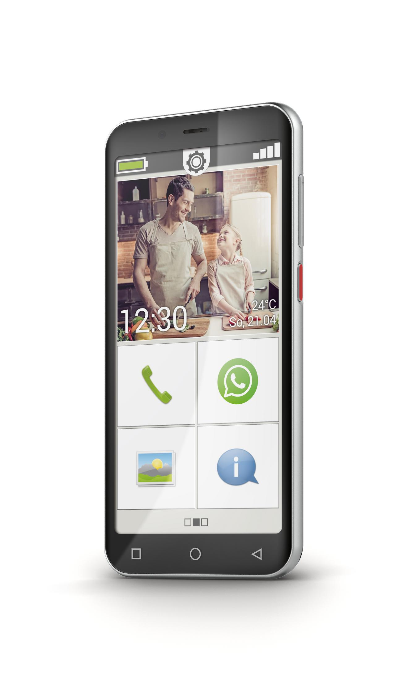 Smartphone-Bildschirm mit Familie in der Küche und App-Symbolen, auf Weiß.