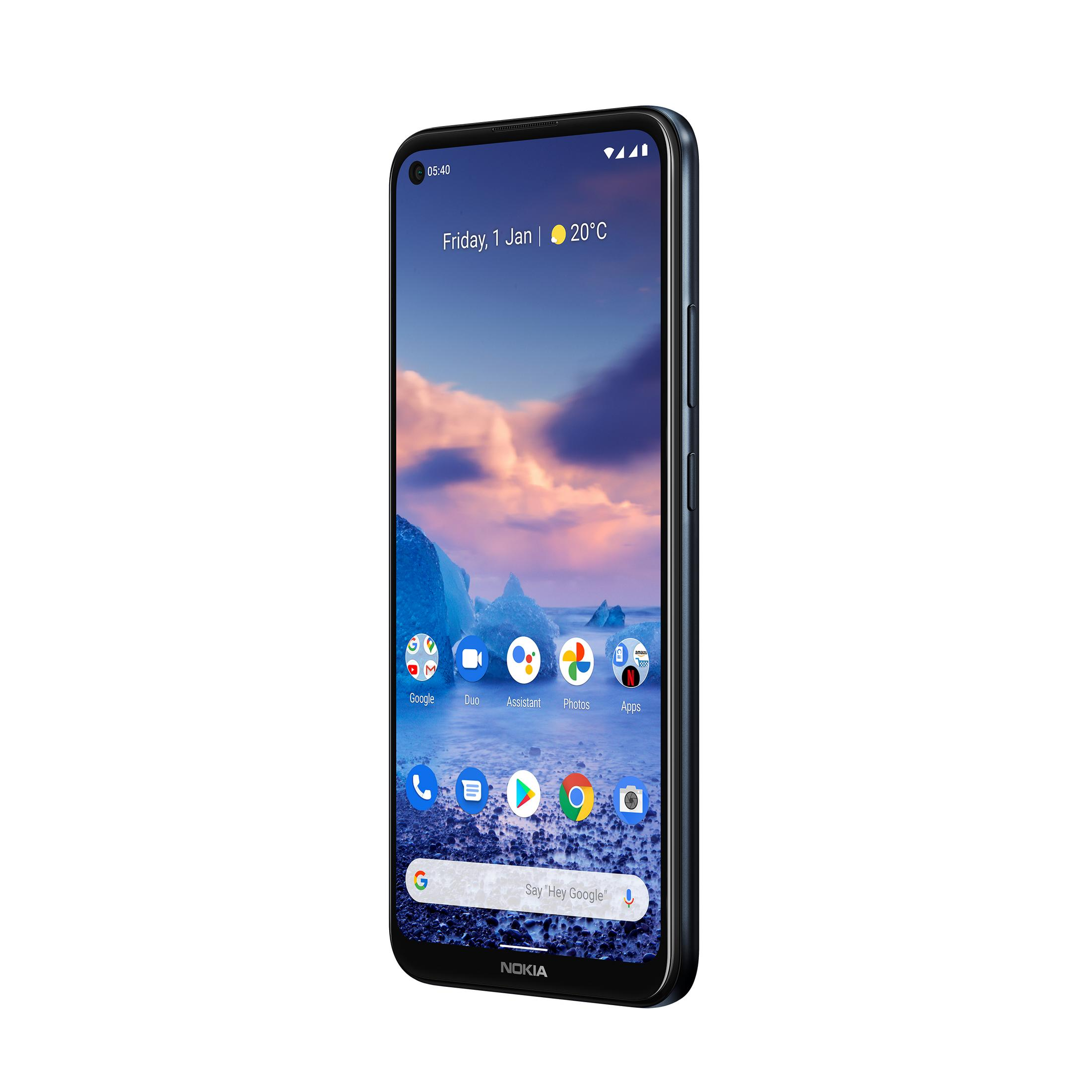 Nokia Smartphone, blau, zeigt den Homescreen mit App-Symbolen.