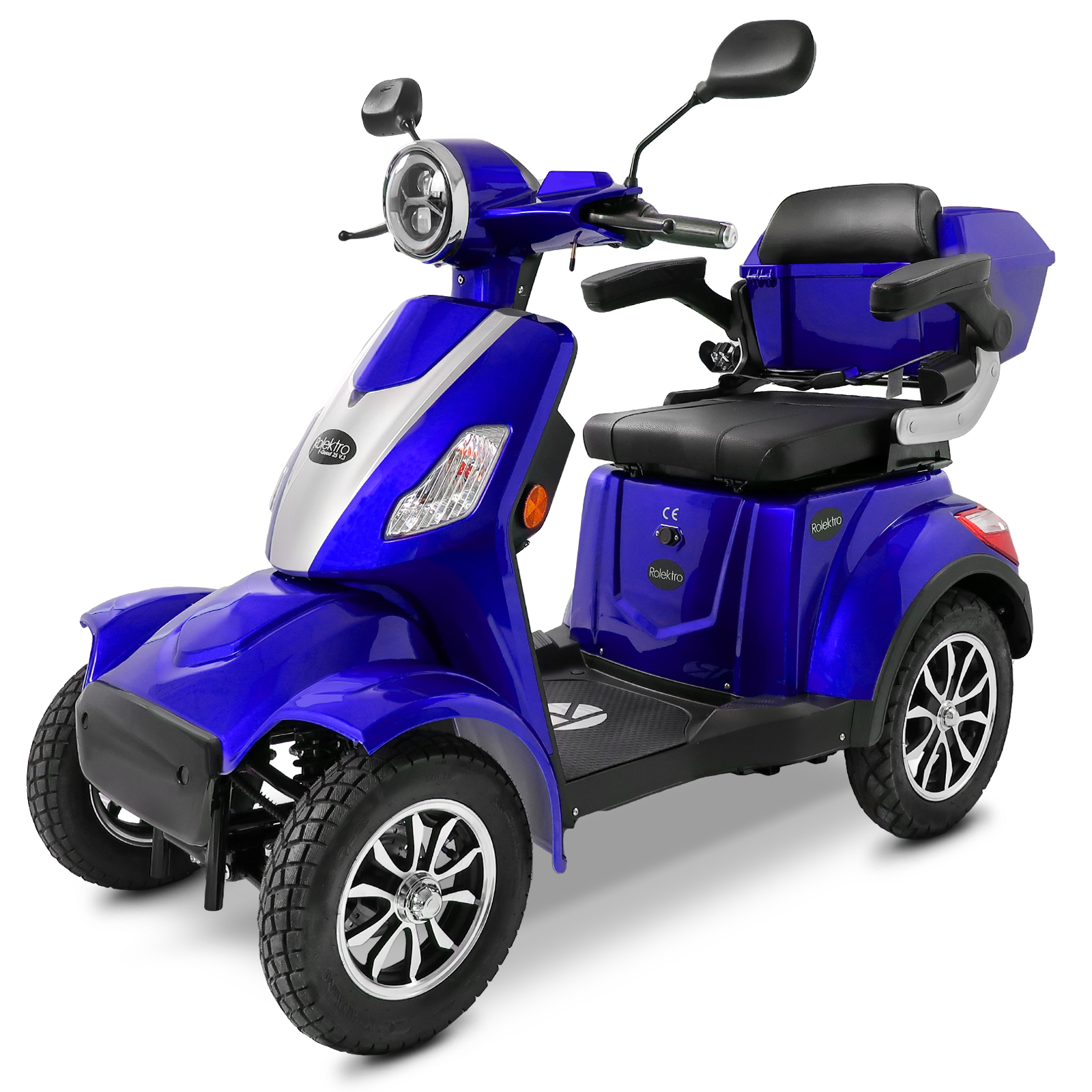 Ein blauer Mobilitätsroller mit Heckkorb und silbernem Akzent.