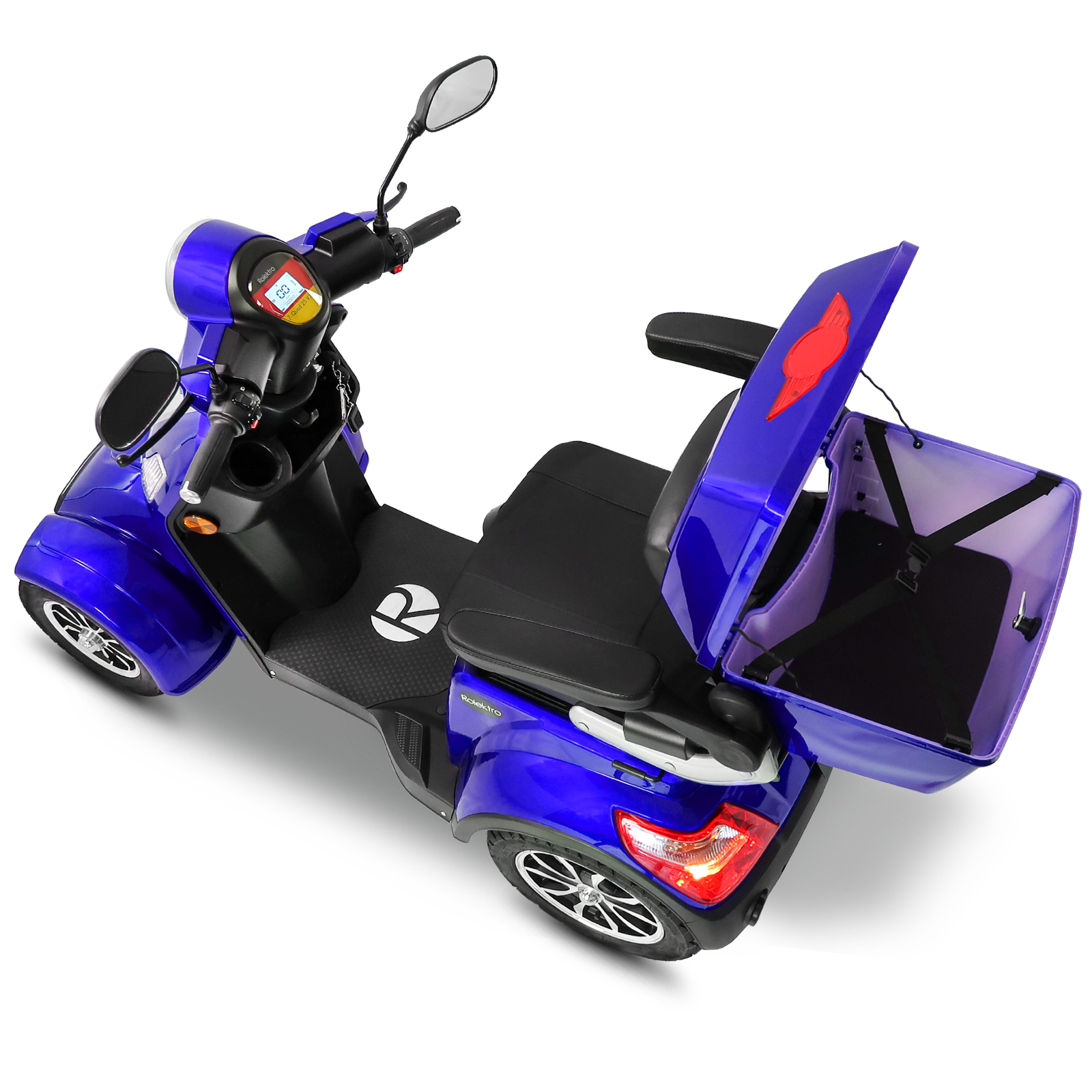 Blauer Elektroroller mit Staukasten, weißer Hintergrund.