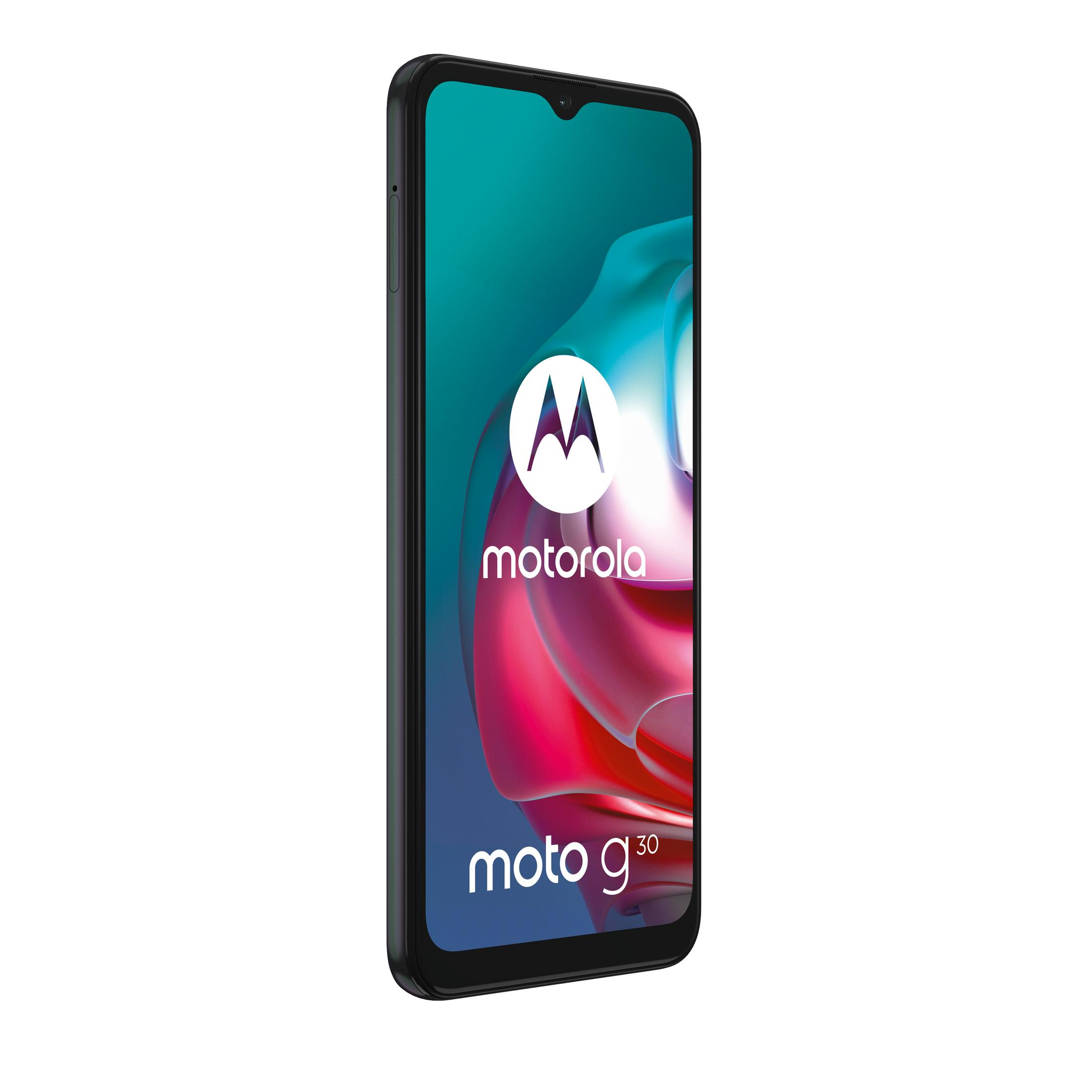 Telefono Motorola Moto G30, nero, con schermo che mostra un logo.