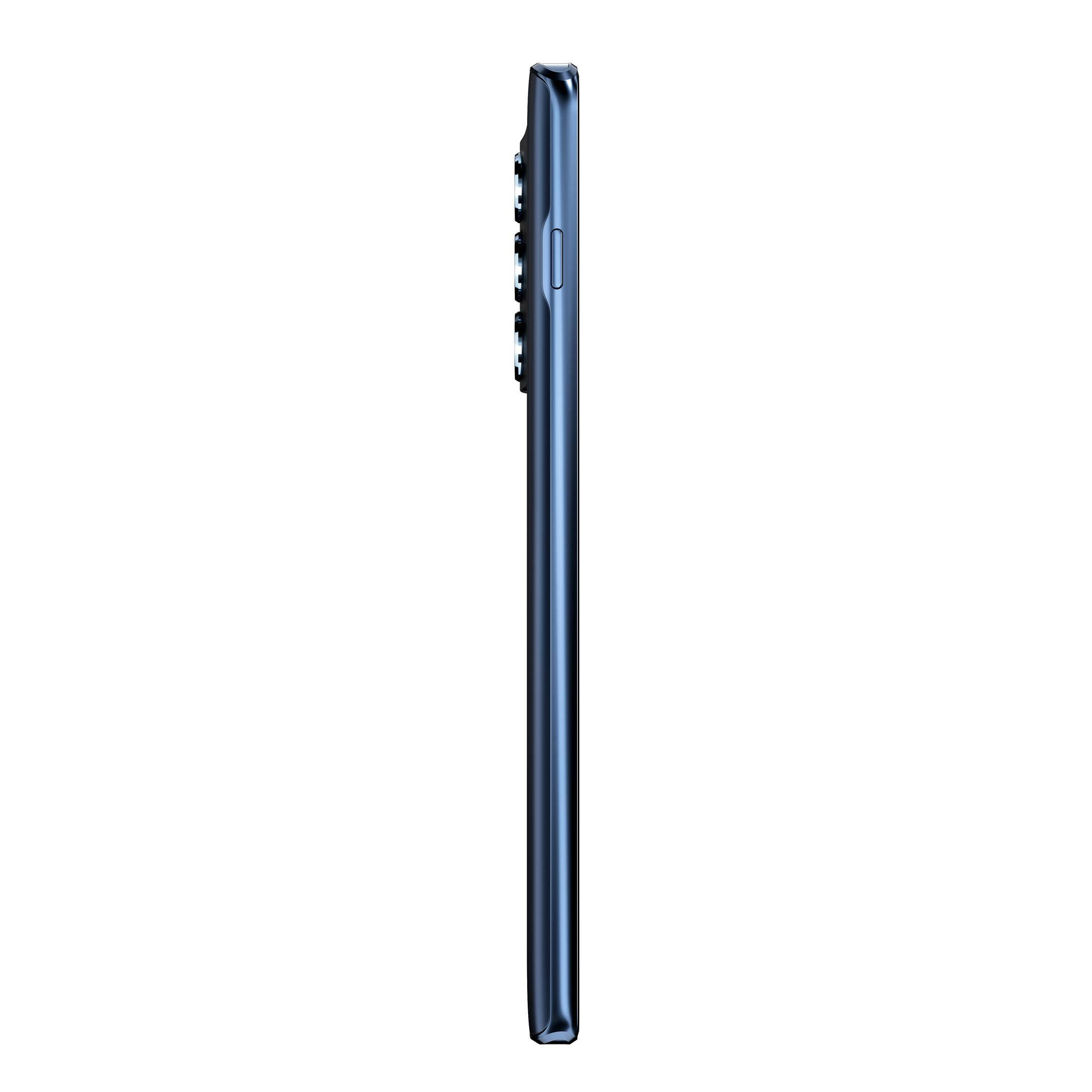 Zijaanzicht van een blauwe smartphone.