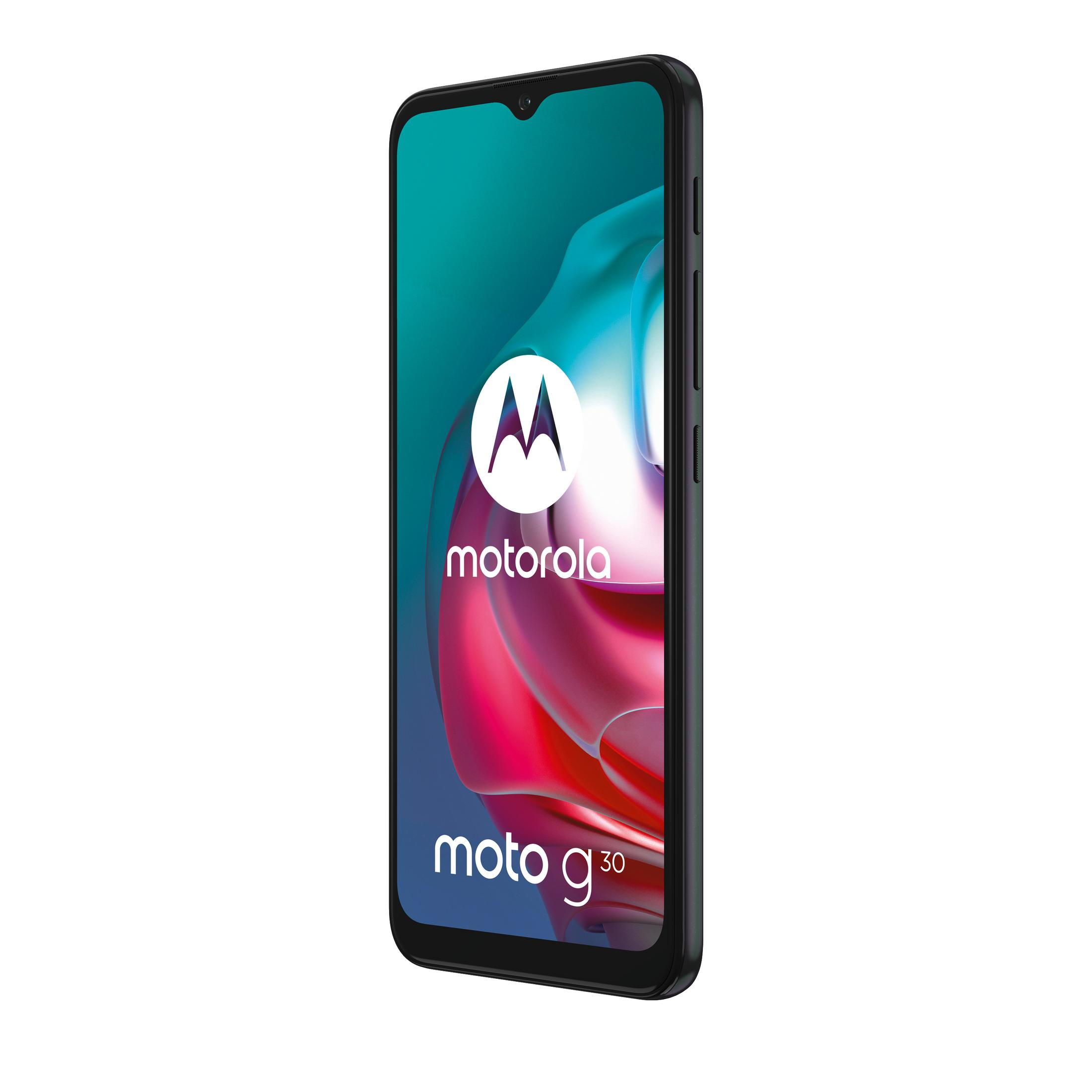 Un telefono Motorola Moto G30 nero e blu scuro. Lo schermo mostra un'immagine con il logo.