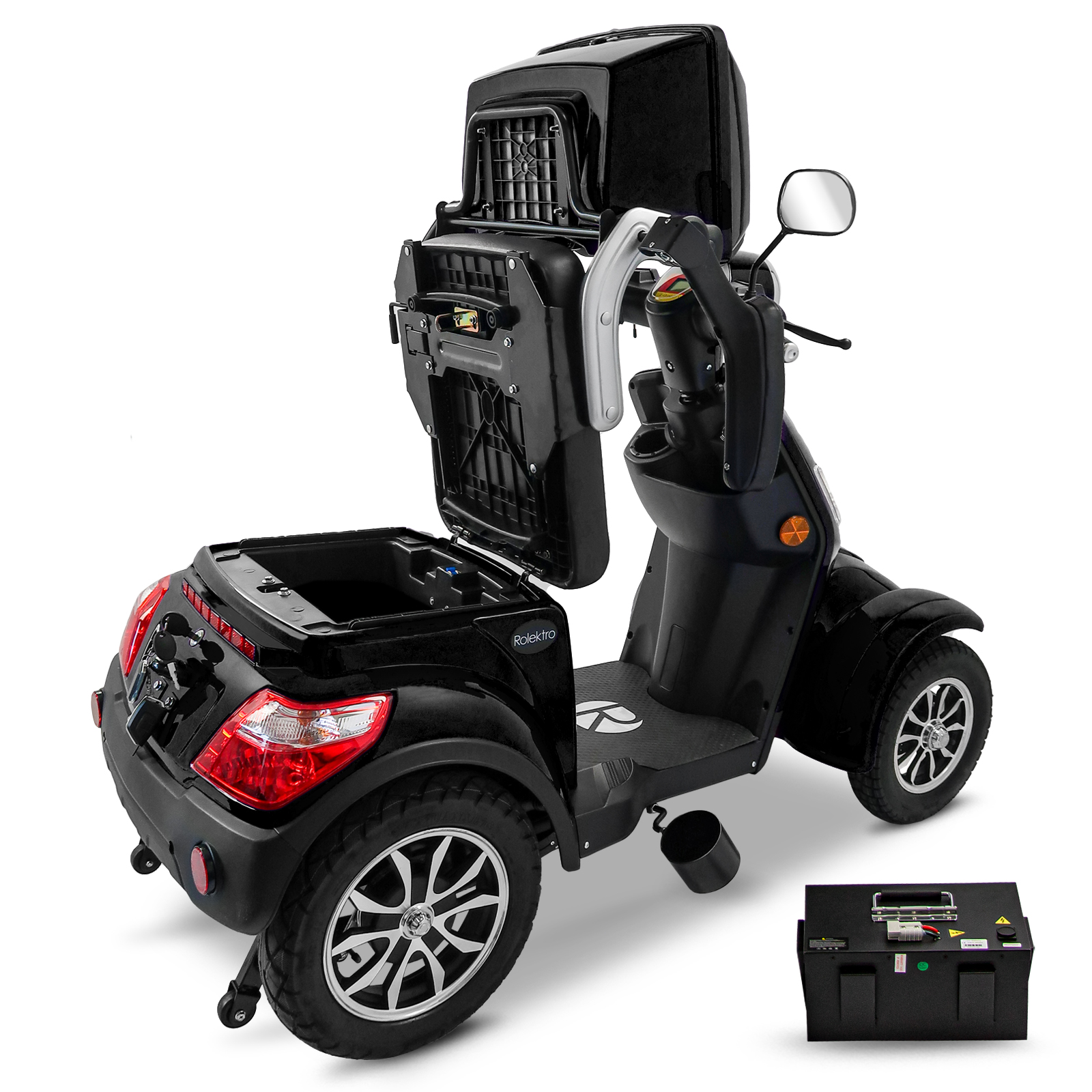 Schwarzer Mobilitätsroller mit offenen Fächern und einem abgetrennten Akku.