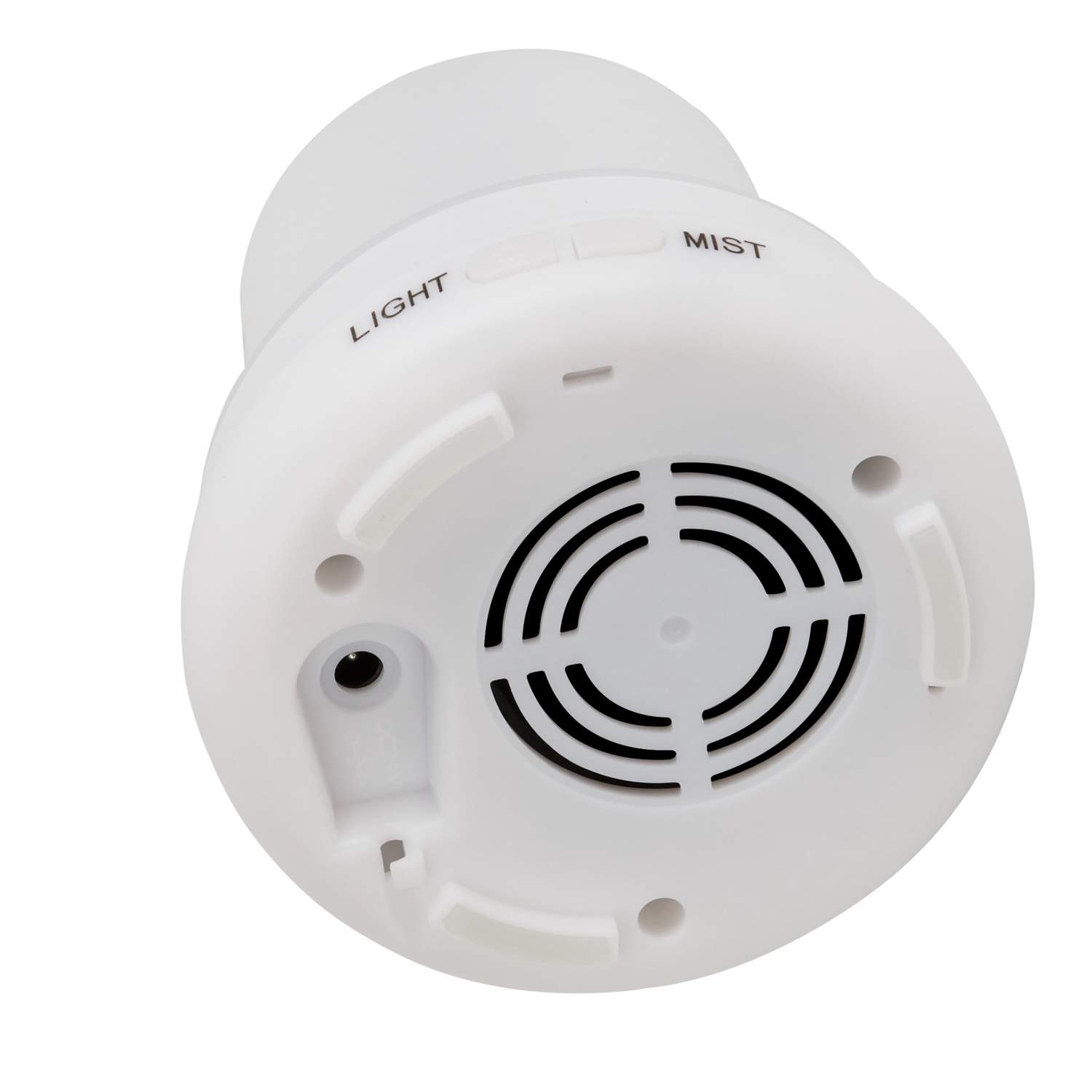 Biała podstawa nawilżacza, z otworem wentylacyjnym i przyciskami światła i mgły.