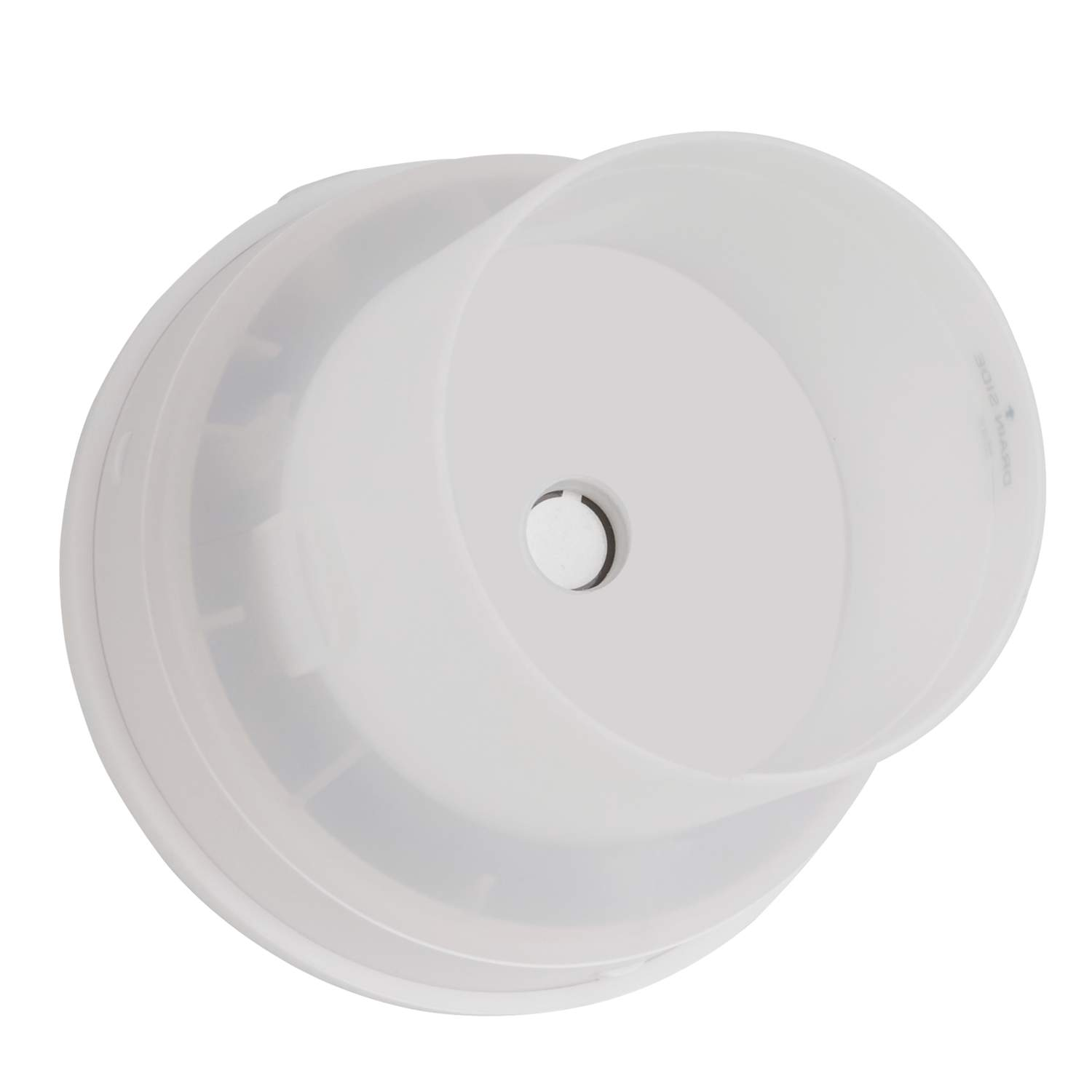 Biała plastikowa osłona wentylacyjna. Okrągły kształt z lejkowatym przedłużeniem.