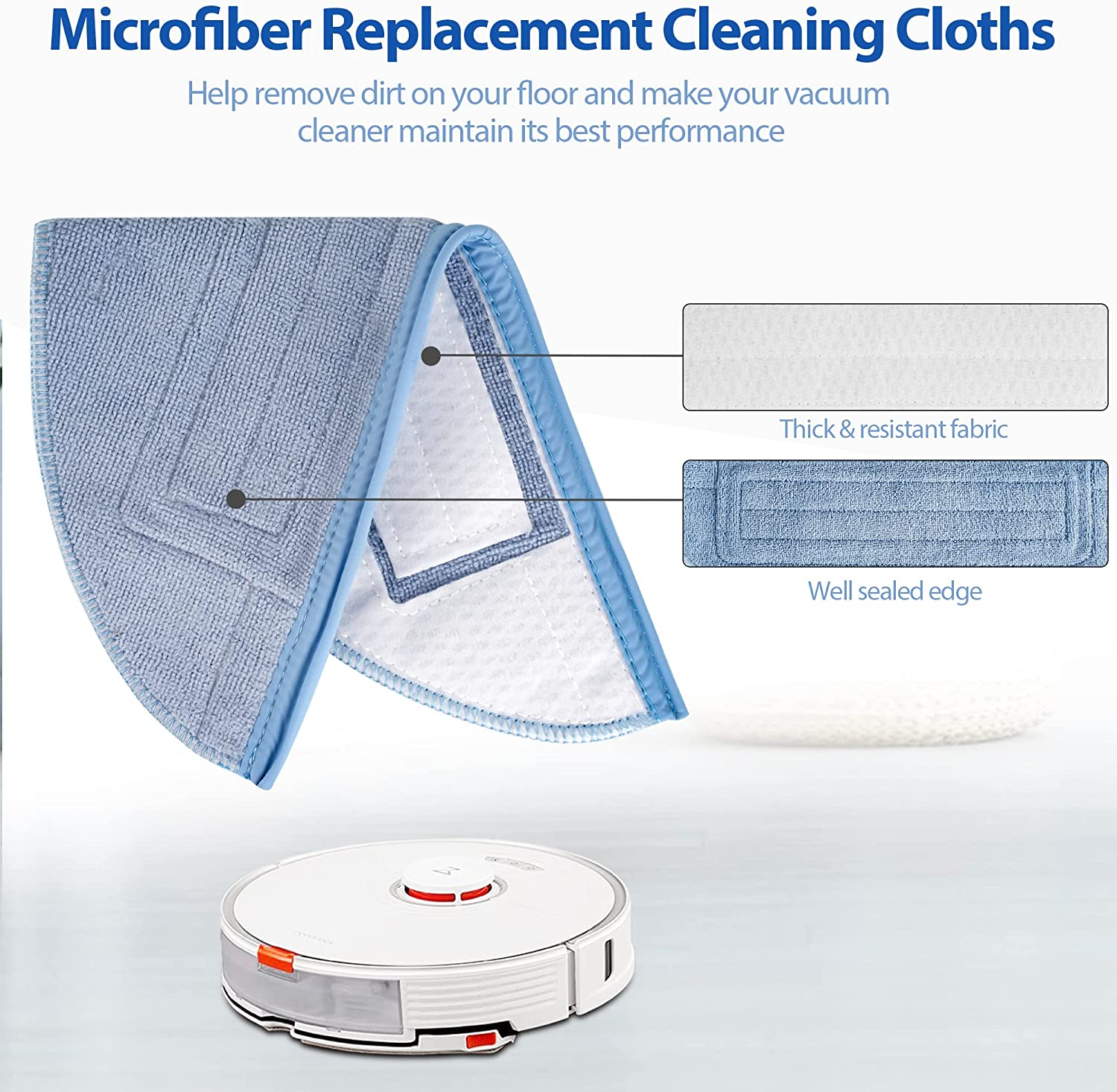 Panni per la pulizia in microfibra blu e un robot aspirapolvere bianco.