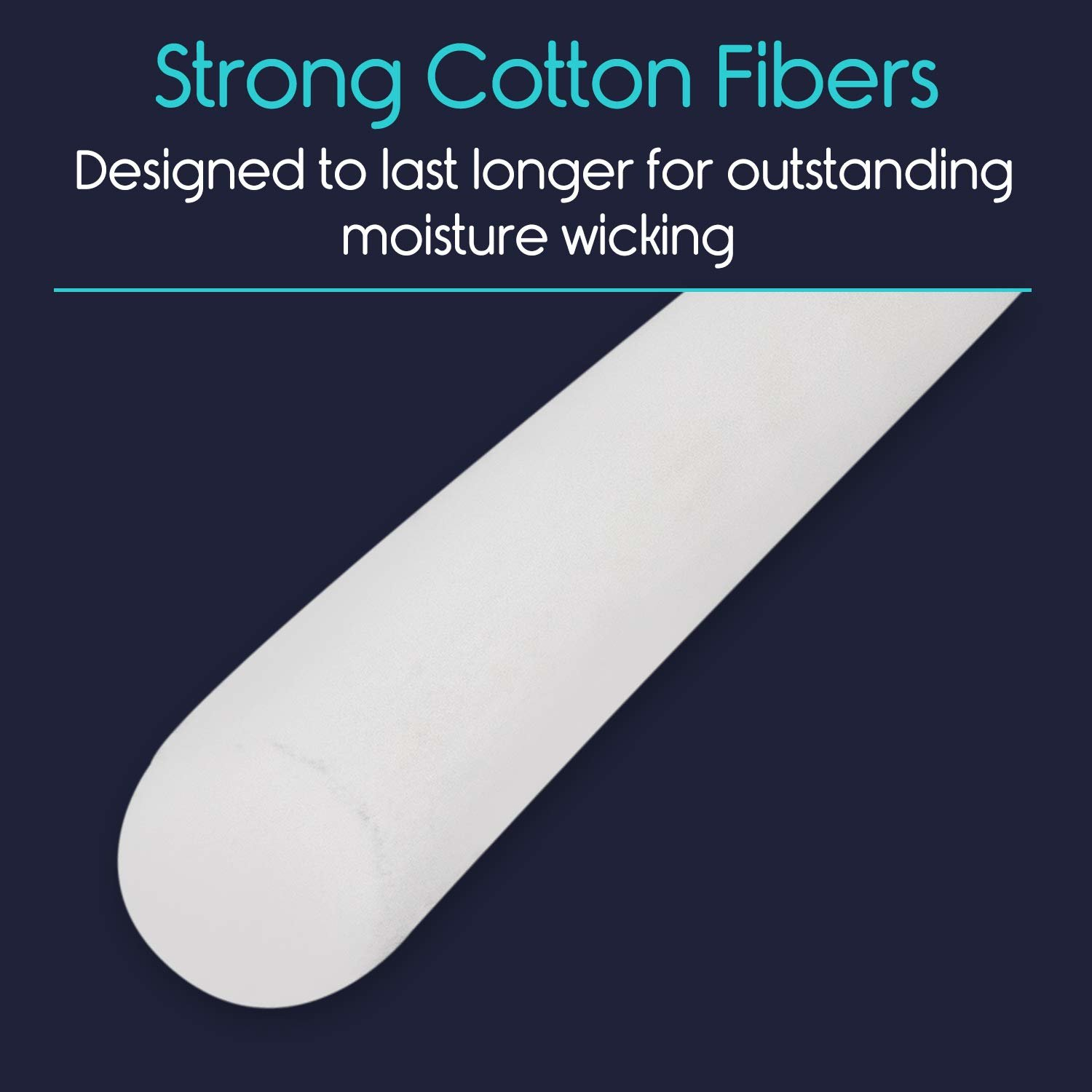 White, elongated foam padding for support, against a dark blue background, text about cotton fibers.