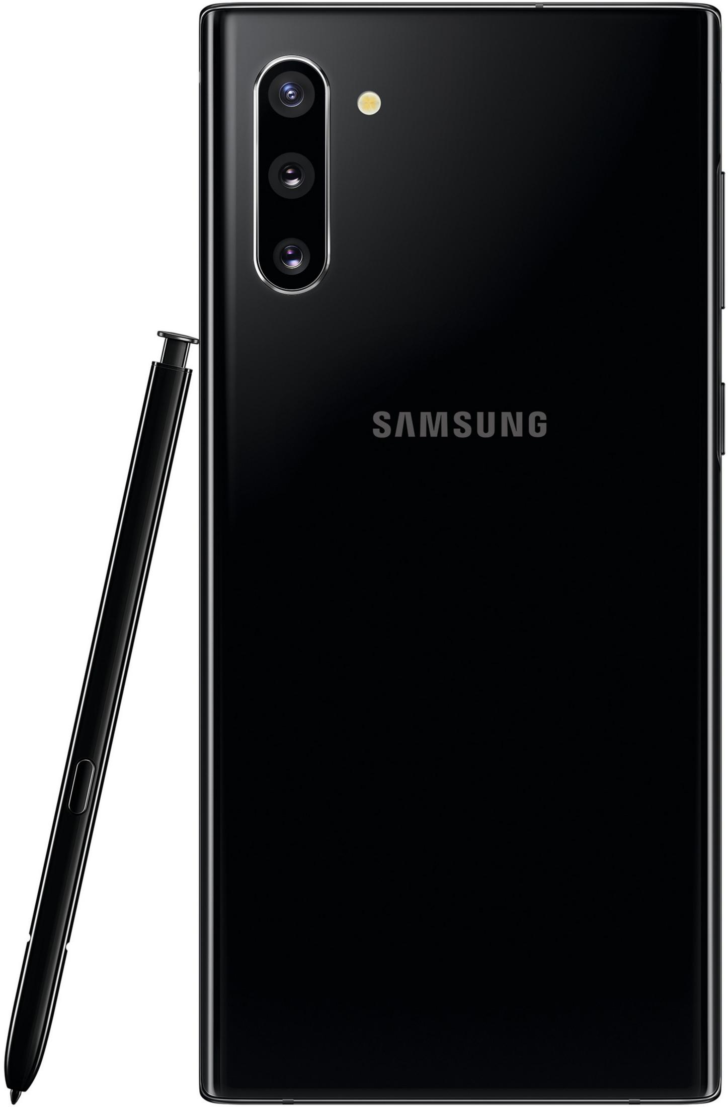 Schwarzes Samsung Galaxy Note 10+ mit Stift auf dunkler Oberfläche. Samsung-Logo sichtbar.