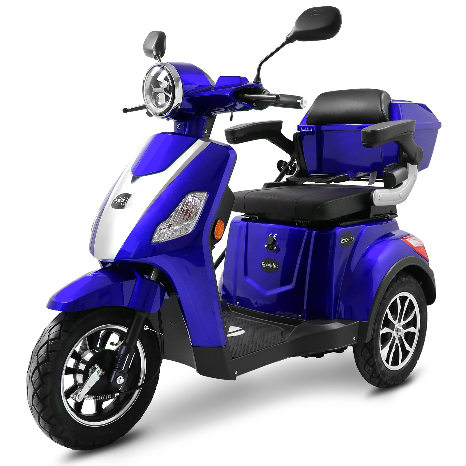 Ein blauer Mobilitätsroller mit drei Rädern, einem Sitz und Stauraum.