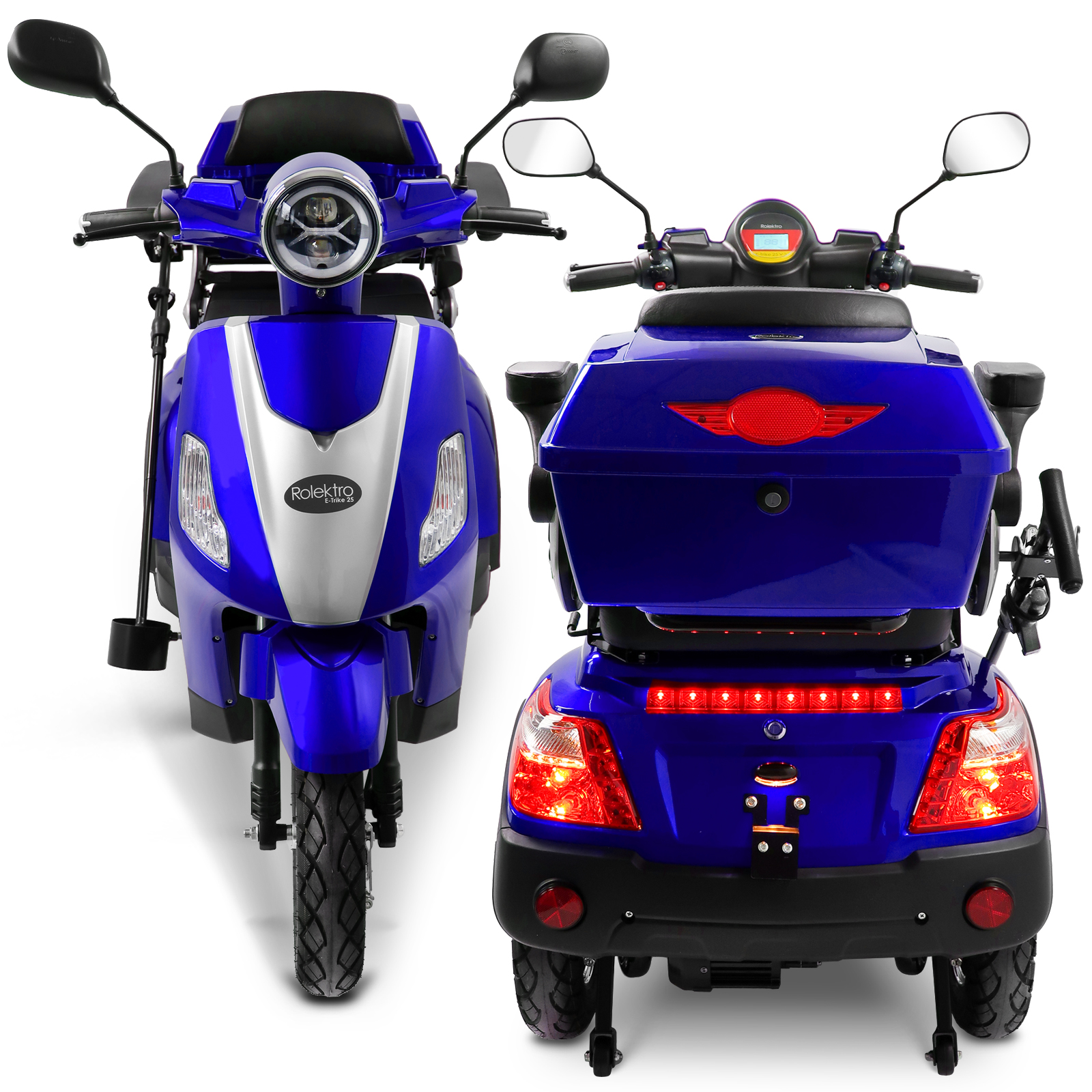 Blauer Mobilitätsroller mit Front- und Heckansicht. Merkmale: Lichter, Sitz, Stauraum.