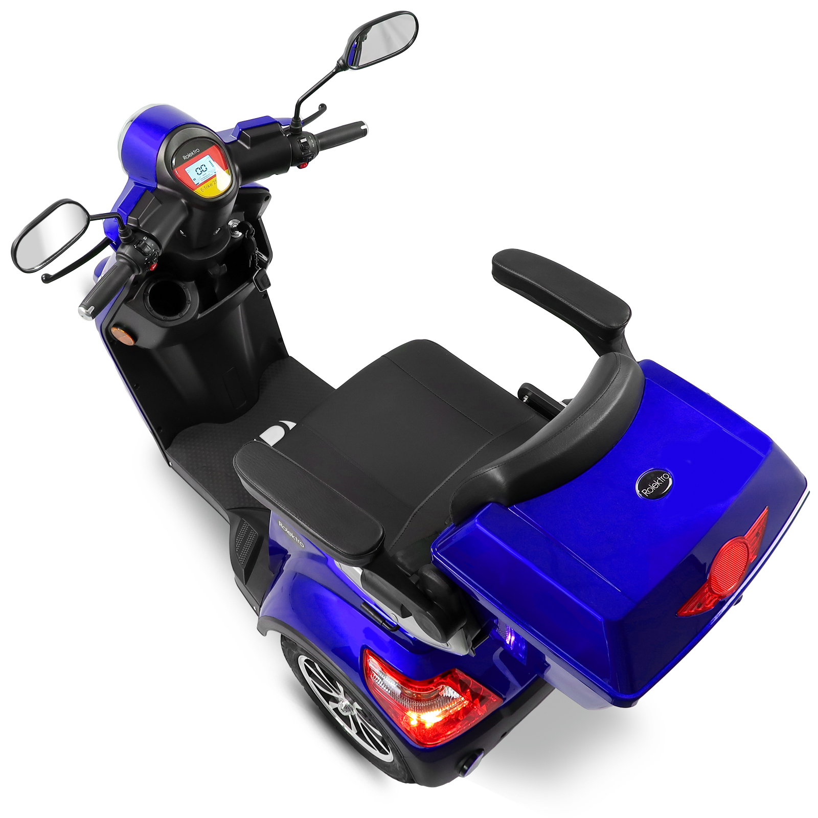 Blauer Mobilitätsroller, Draufsicht, mit Sitz und Staukasten sichtbar.