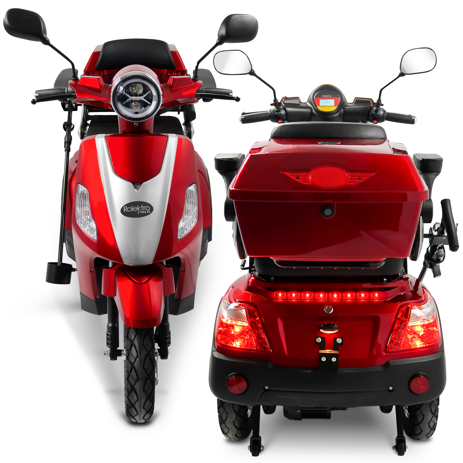 Roter Mobilitätsroller, Vorder- und Rückansicht, mit Scheinwerfern und Stauraum.