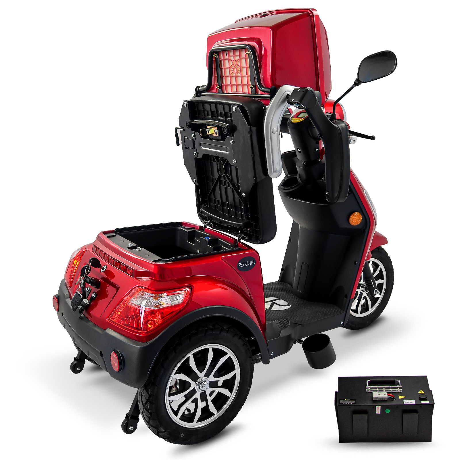 Roter Mobilitätsroller mit offenem Stauraum. Ein Akku befindet sich unten rechts.
