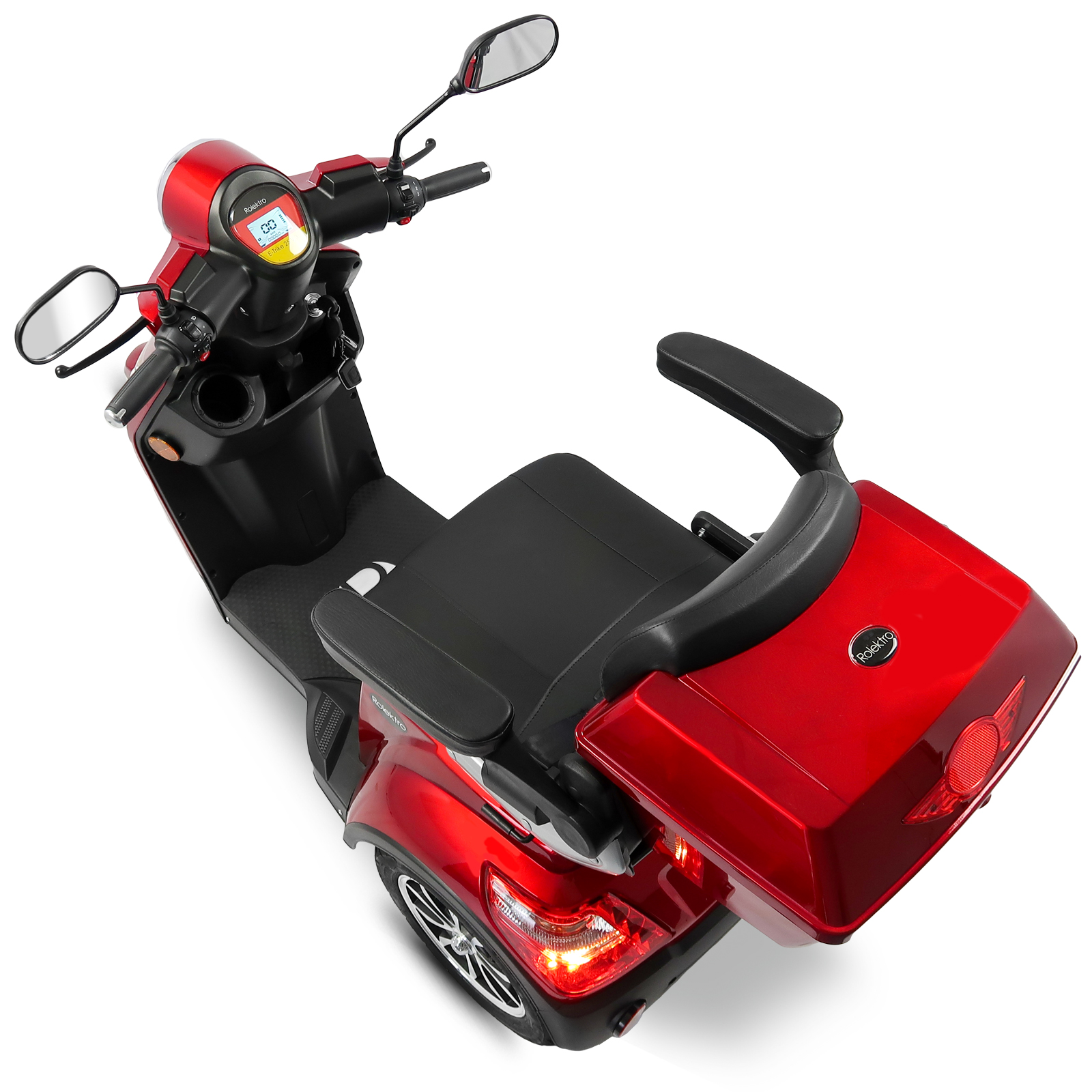 Ein roter Mobilitätsroller mit schwarzem Sitz.