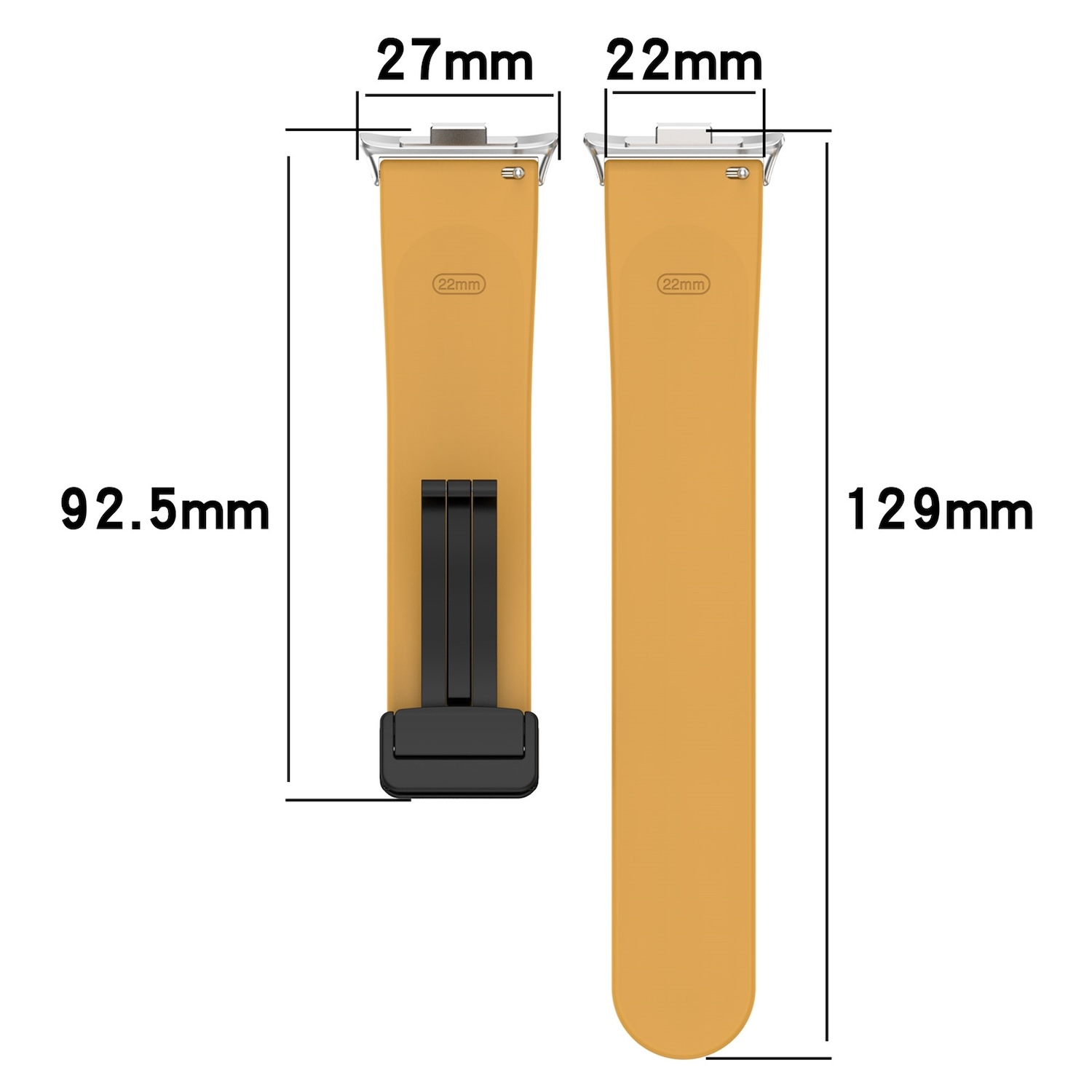 Zwei gelbe Uhrenarmbänder mit Maßen. Eines ist 92,5 mm, das andere 129 mm lang.