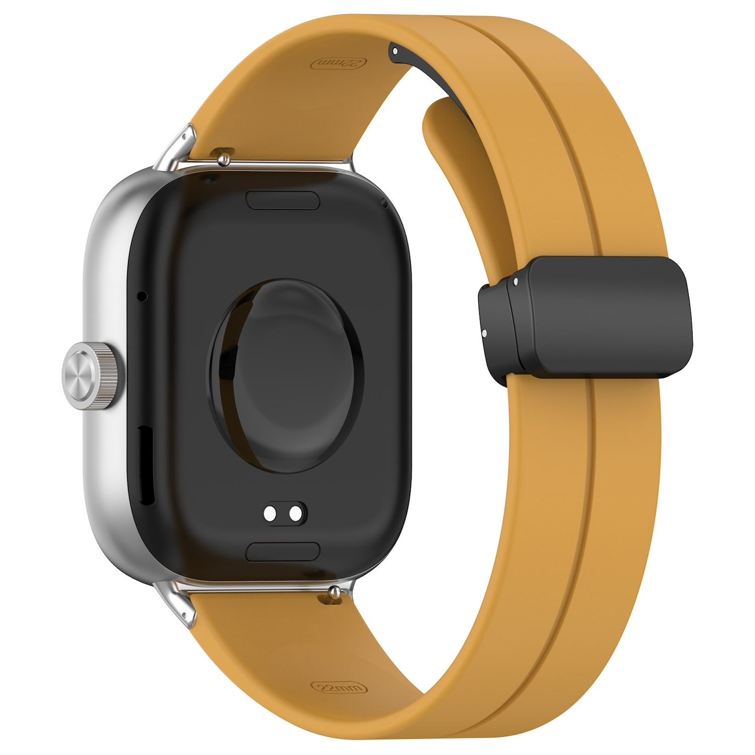 Rückansicht einer Smartwatch mit gelbem Armband. Die Uhr befindet sich auf weißem Hintergrund.