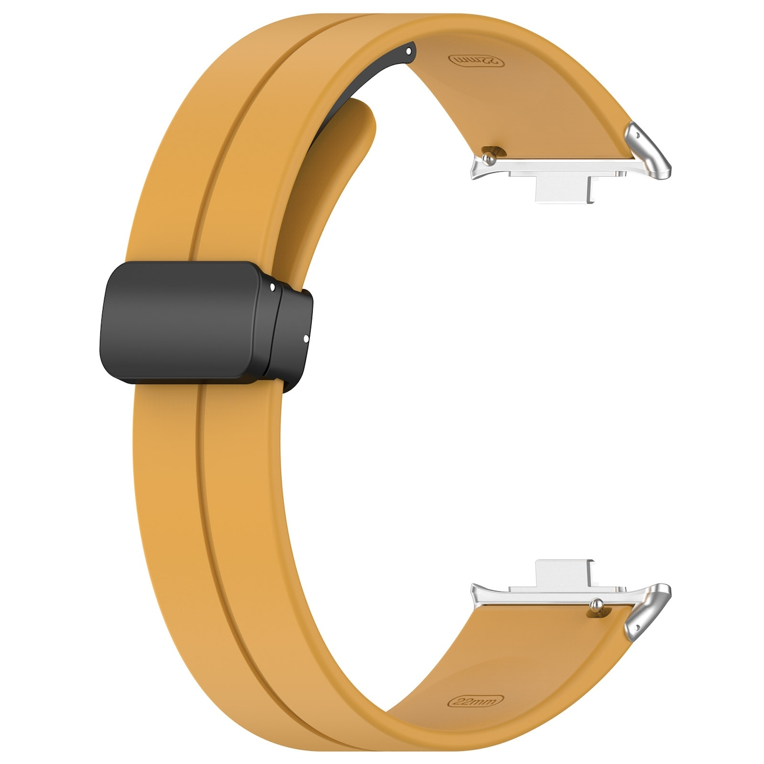 Gelbes Smartwatch-Armband mit schwarzem Verbinder und silbernen Akzenten.