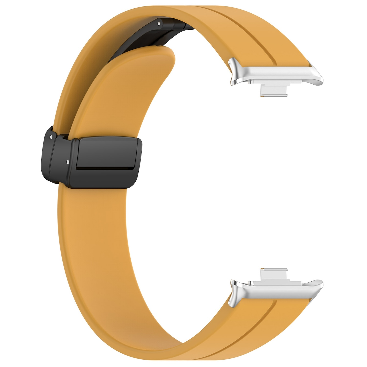 Gebogenes Uhrenarmband, orangefarben, mit schwarzem Verschluss und silbernen Steckern.