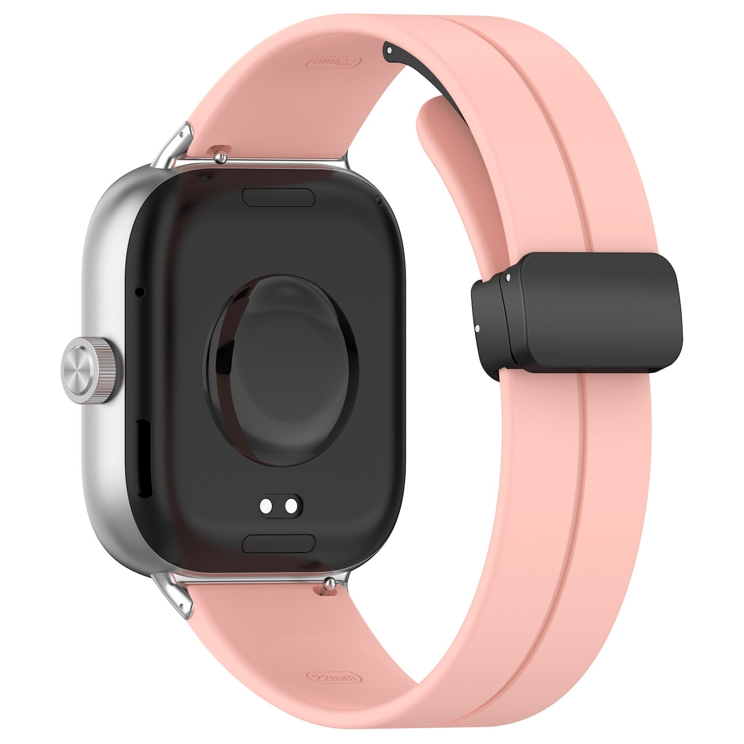 Eine Smartwatch mit pinkfarbenem Armband, schwarzer Rückseite und silbernem Rahmen, vor weißem Hintergrund.