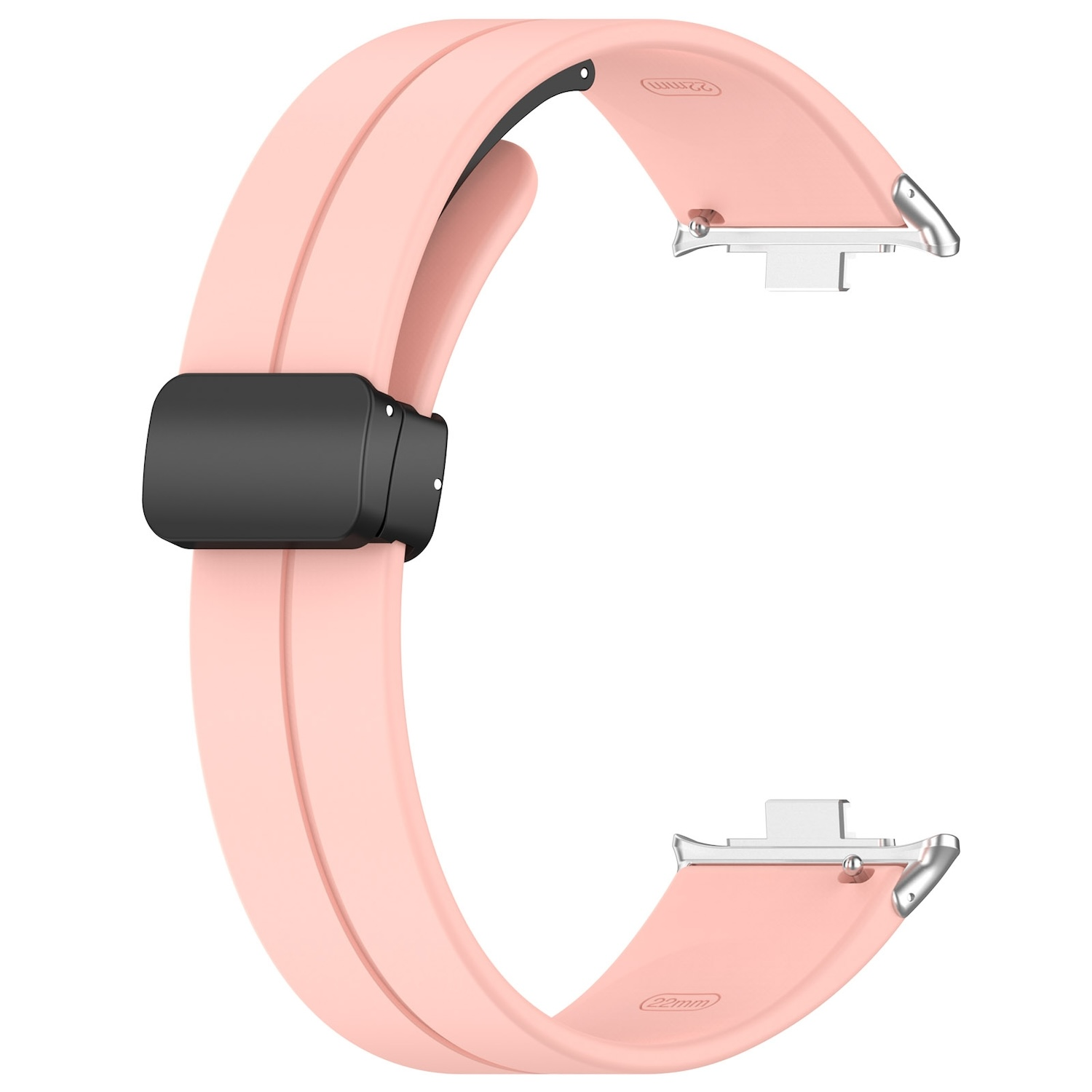 Rosa Uhrenarmband mit schwarzem Verschluss und silbernen Anschlüssen, geschwungenes Design.