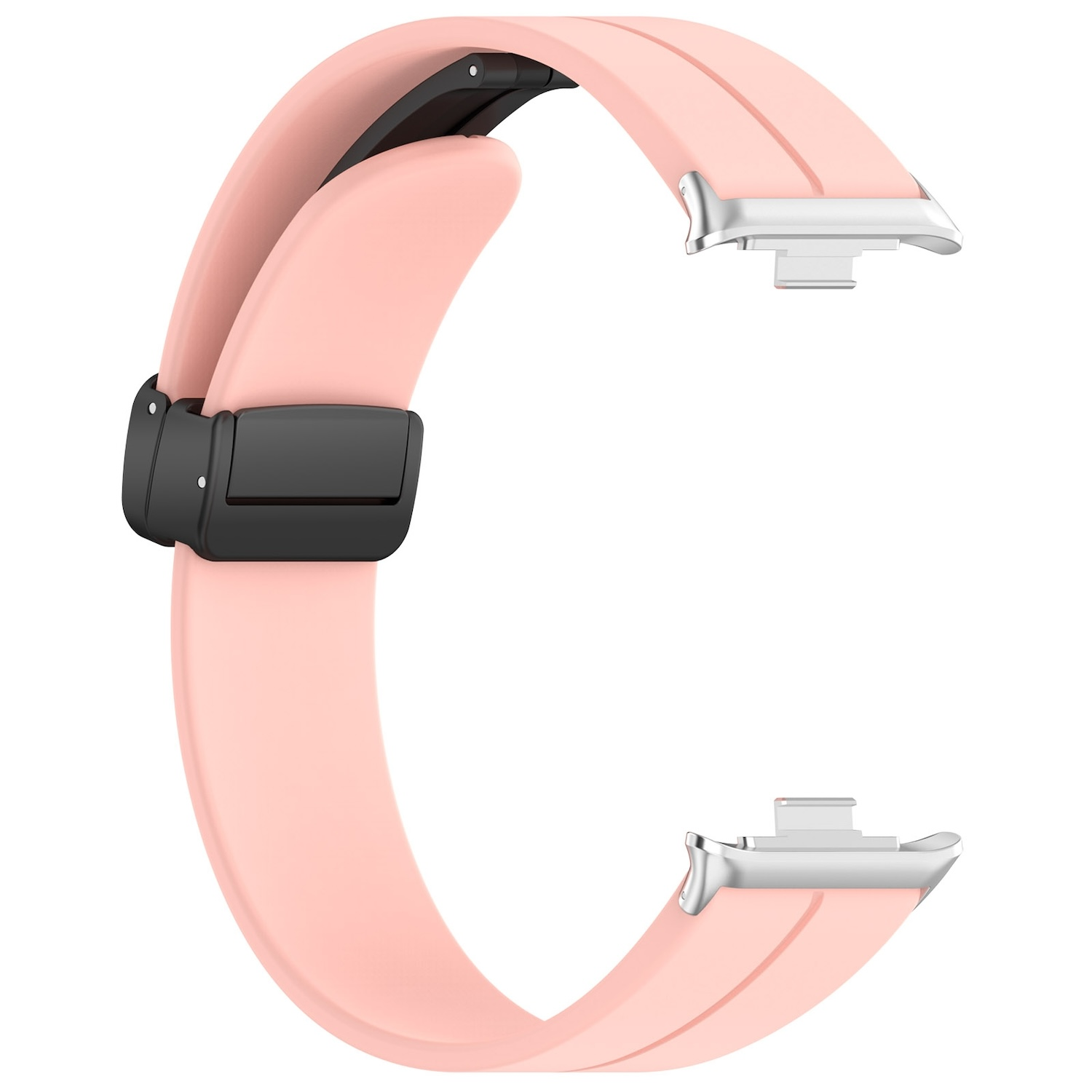Hellrosa Uhrenarmband mit schwarzem Verschluss. Das Band ist gebogen und hat silberfarbene Akzente.