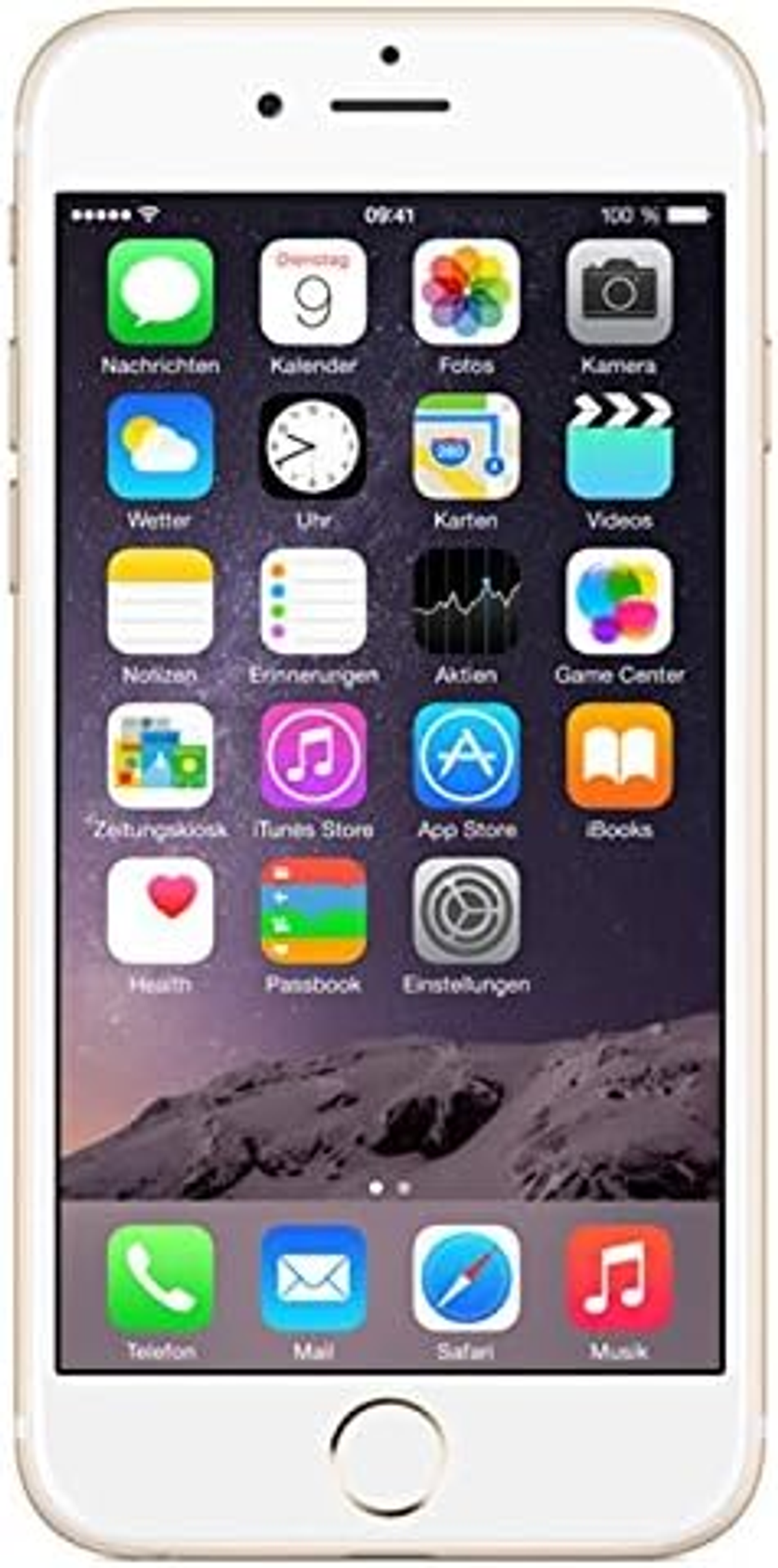 Ein goldfarbener iPhone-Bildschirm mit Apps. Der Bildschirm zeigt Datum und Uhrzeit an.