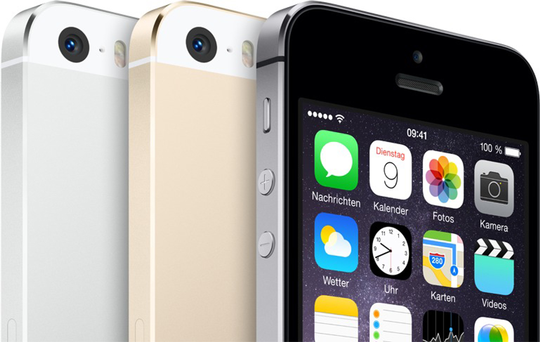 Drei iPhone-Modelle in Silber, Gold und Schwarz nebeneinander. Das goldene hat seinen Bildschirm an.