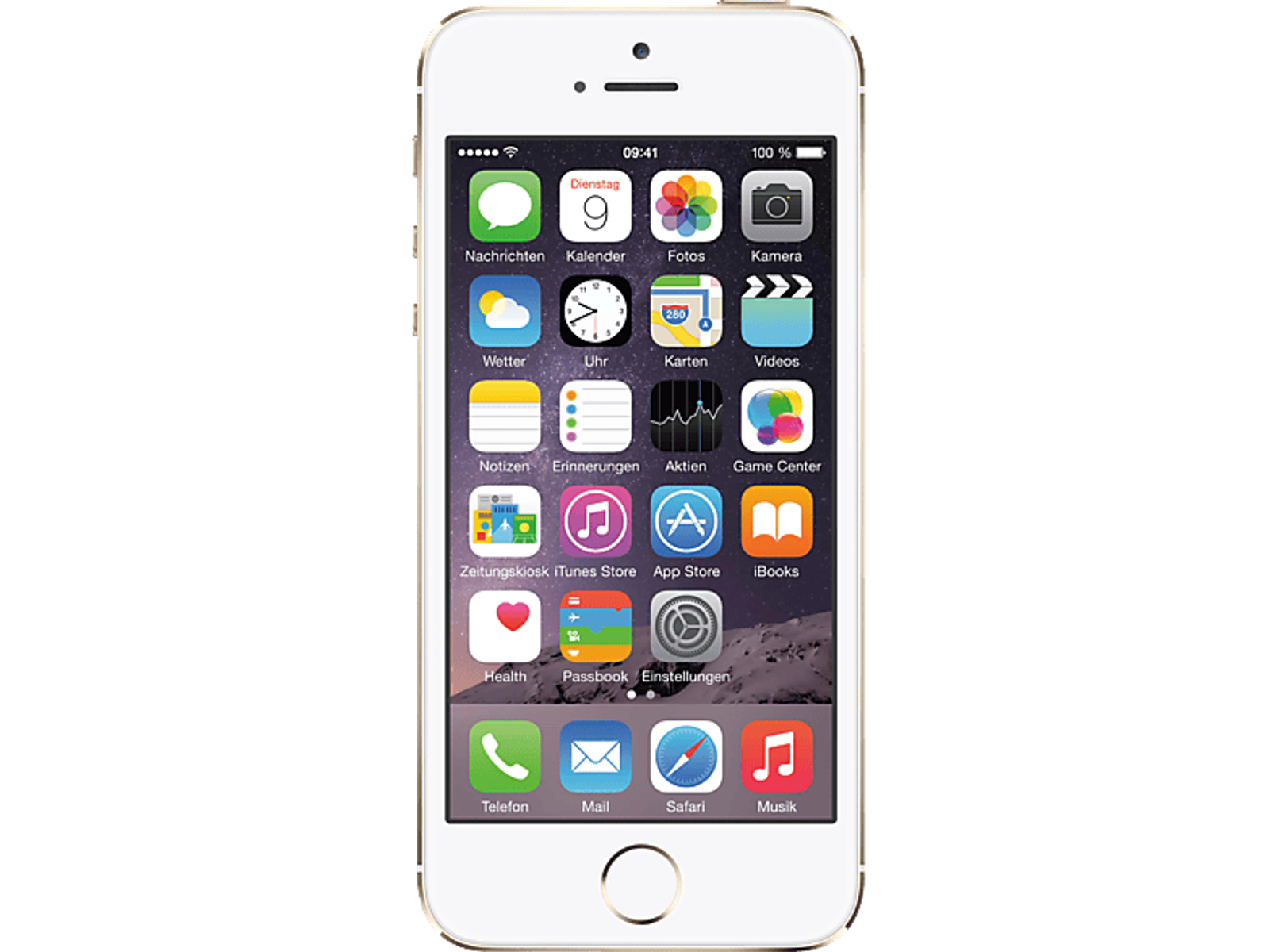 Ein weißes und goldenes Smartphone mit einem Bildschirm, der Apps sowie Datum und Uhrzeit anzeigt.