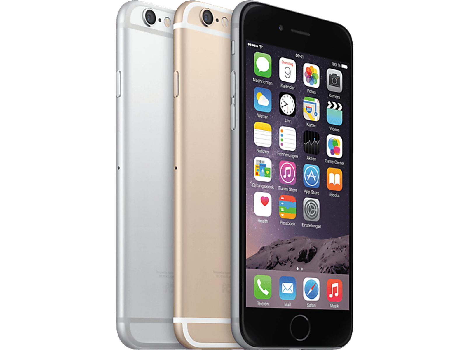Drei iPhones, silber, gold und schwarz, zeigen Bildschirme. Das goldene Telefon ist in der Mitte.
