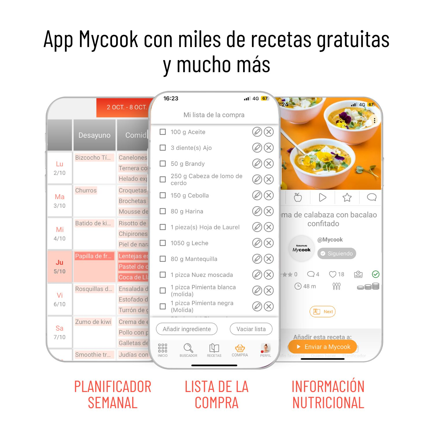 Una pantalla de smartphone con una app de recetas. Muestra una lista de compras y comidas, con imágenes de cocina.