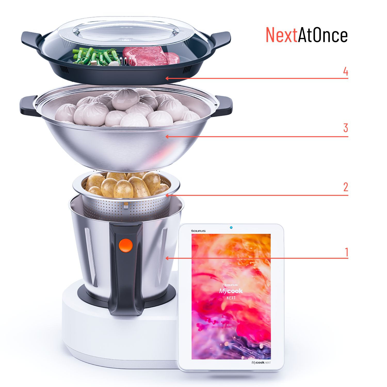 Un dispositivo de cocina multinivel con una tableta. Tiene tres recipientes y una tableta al lado.