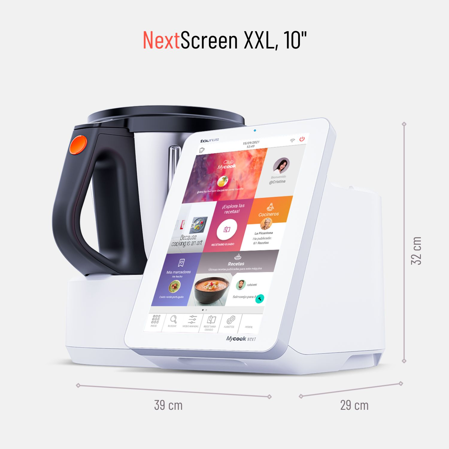 Un electrodoméstico de cocina blanco con una gran pantalla táctil, con medidas etiquetadas.