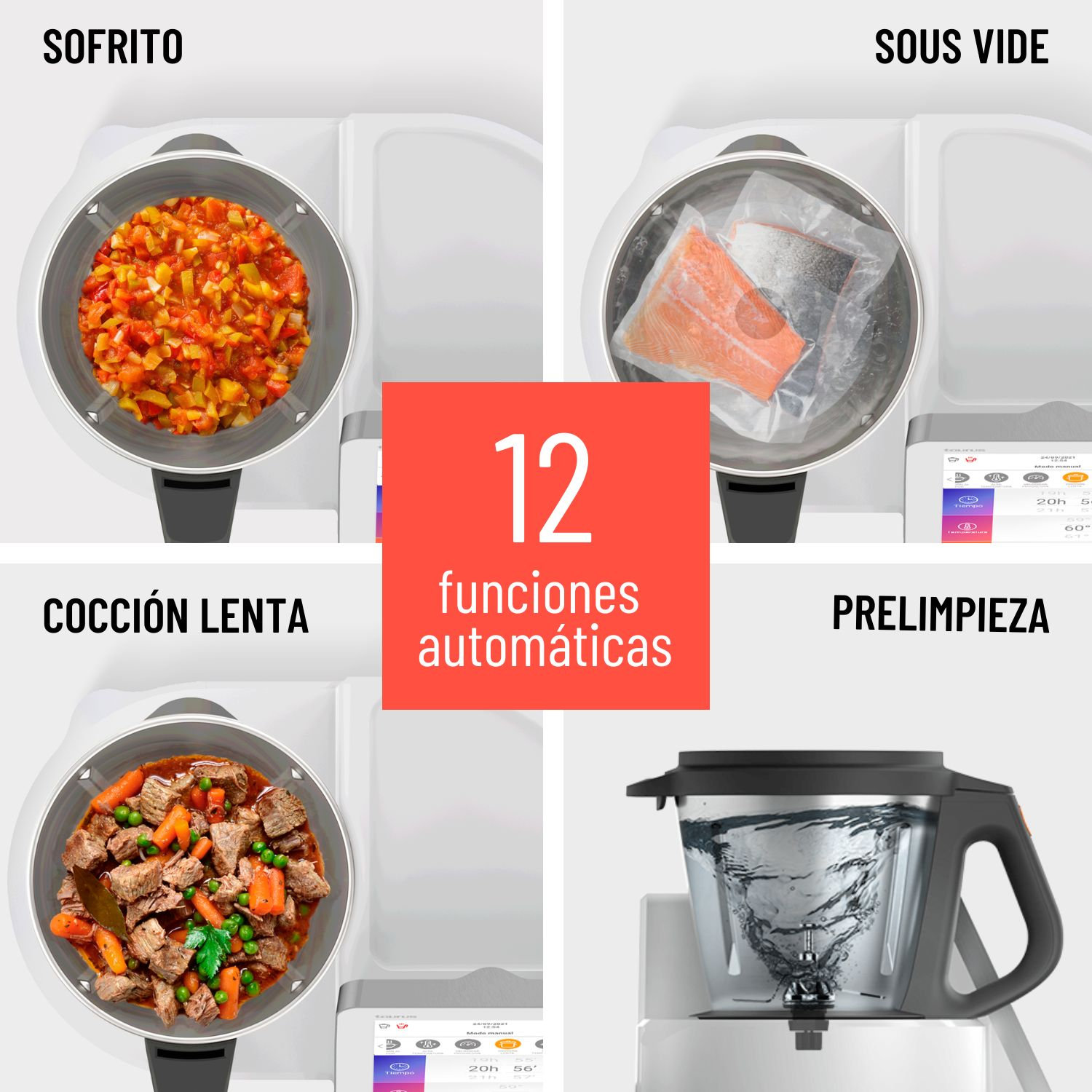 Cuatro vistas de un procesador de alimentos en uso, con etiquetas de texto.
