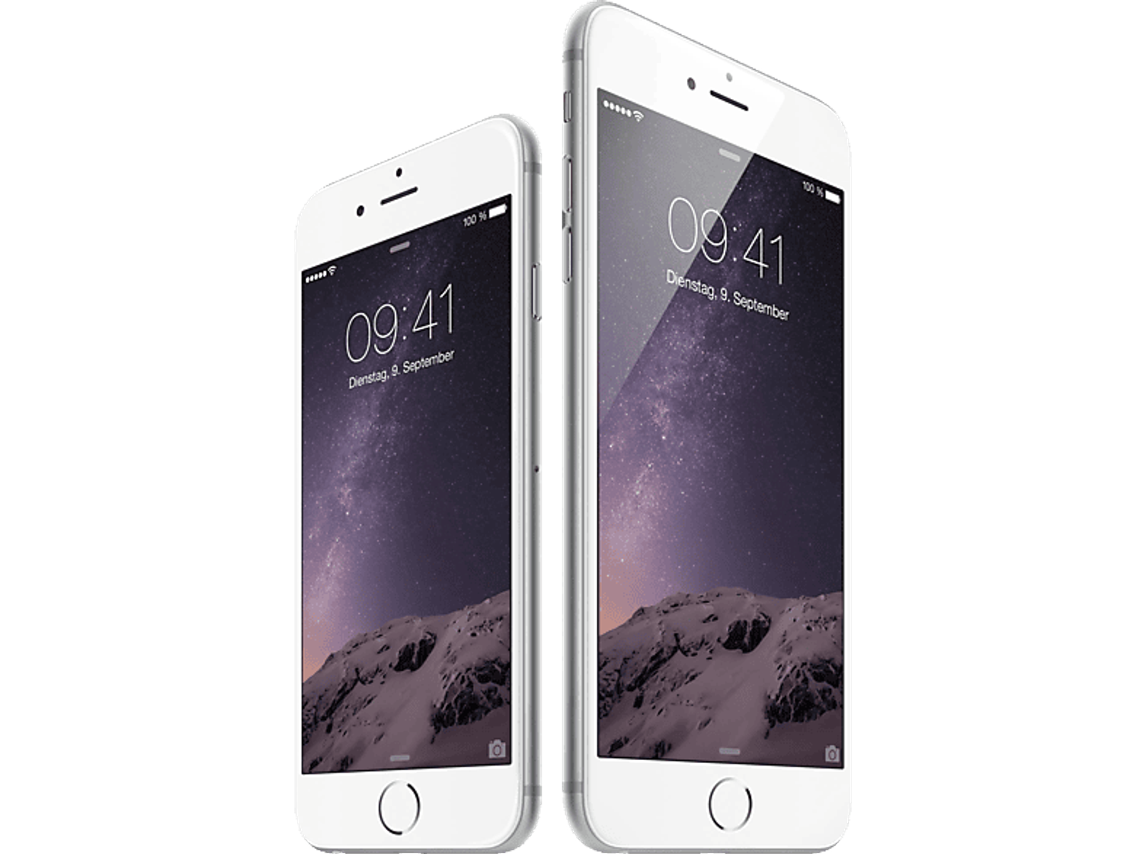 Zwei weiße iPhones werden nebeneinander angezeigt und zeigen die Uhrzeit 09:41 an.