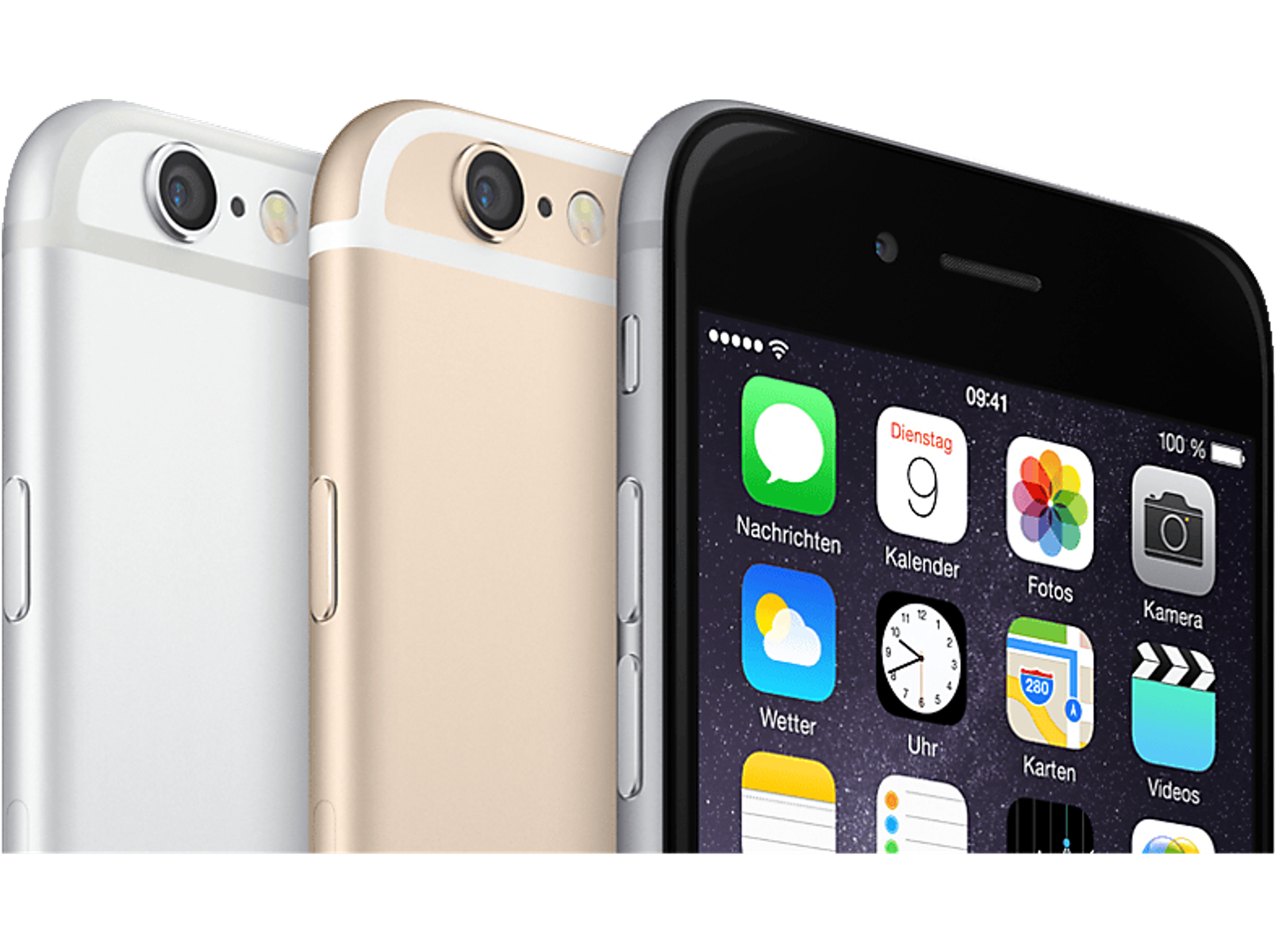 Drei iPhone-Smartphones Nahaufnahme, silber und gold, schwarzer Bildschirm, weißer Hintergrund.