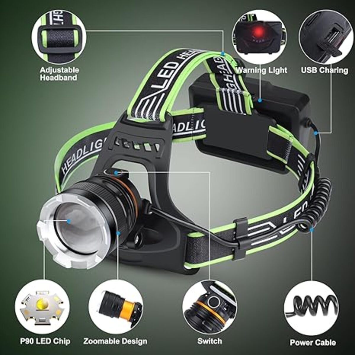 Un faro negro y verde con diadema ajustable, luz de advertencia y puerto de carga USB.