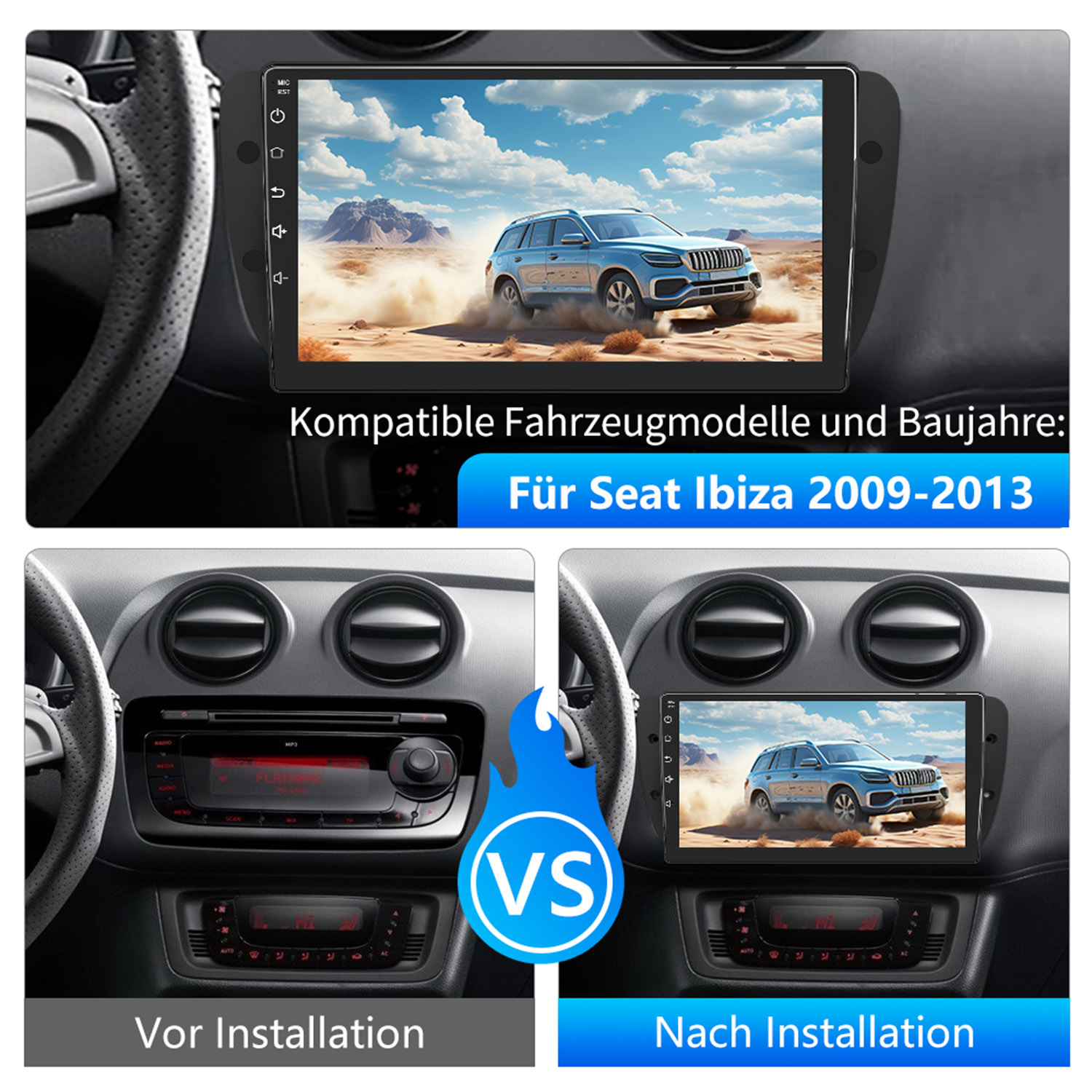 Auto-Infotainmentsystem. Zeigt Vorher- und Nachher-Installation des Systems im Armaturenbrett eines Autos.