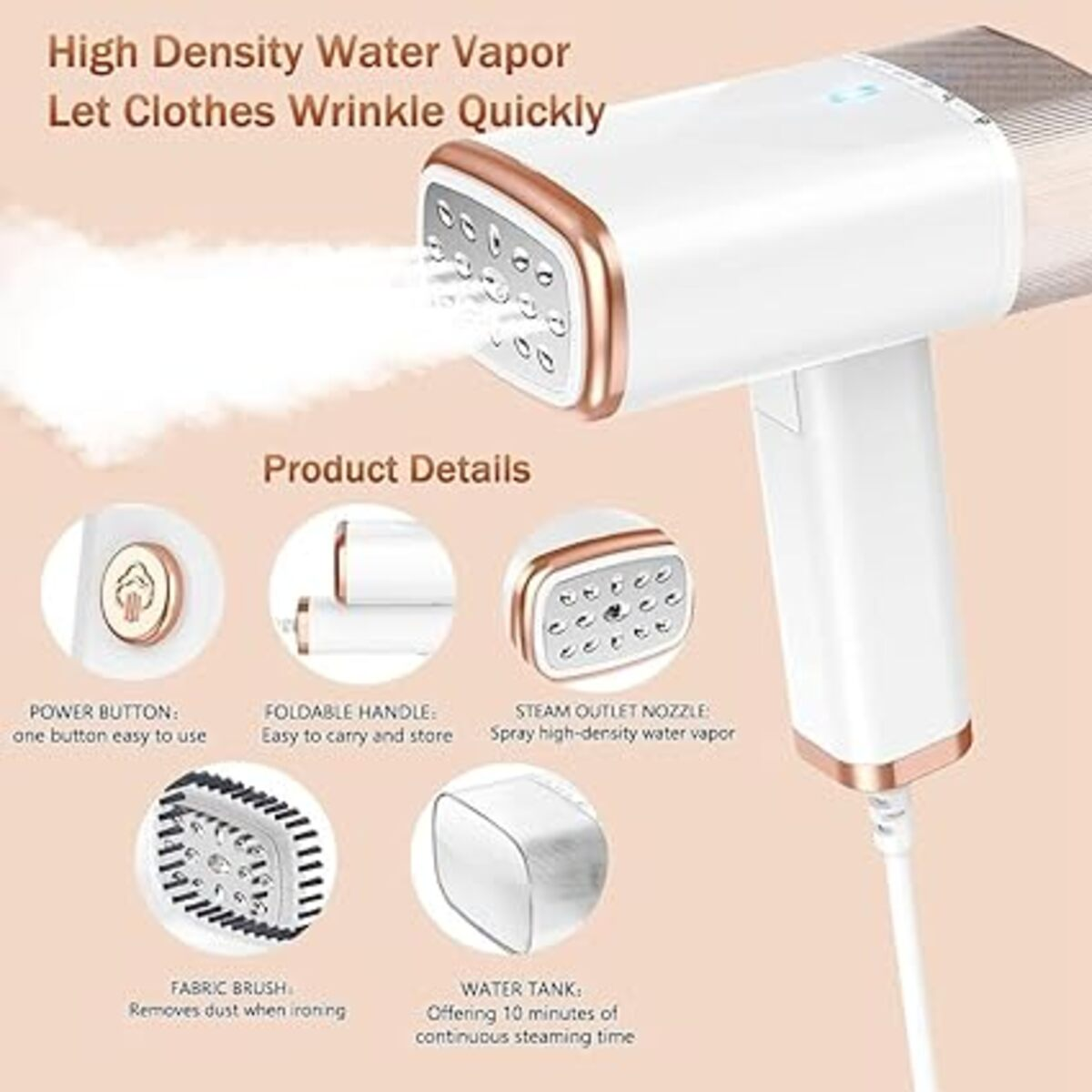 Un vaporizador de ropa blanco y dorado con diagramas de detalle de sus componentes. Muestra botón de encendido, mango y boquilla.