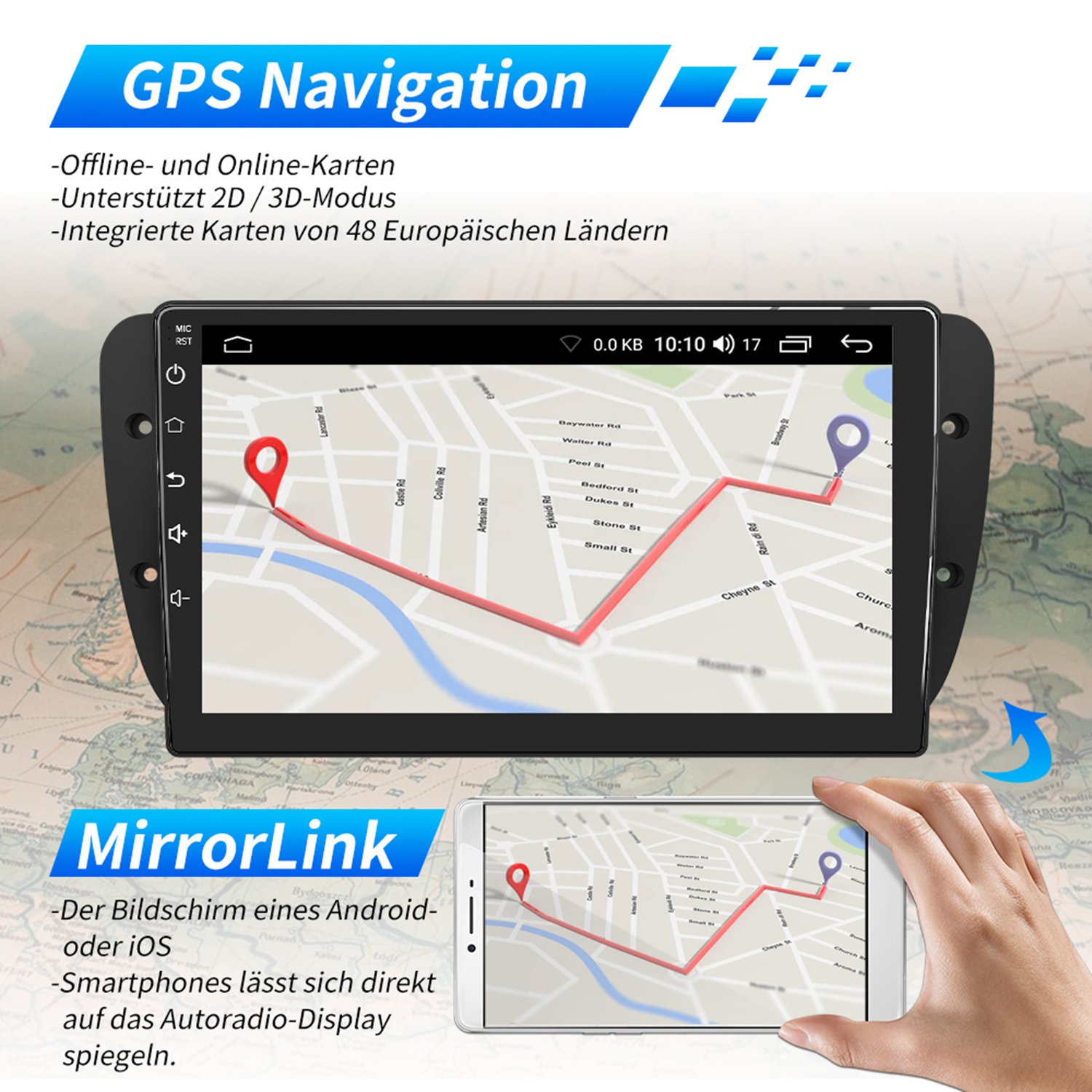 Auto-Navigationsbildschirm mit einer Karte, Text über GPS- und MirrorLink-Funktionen.