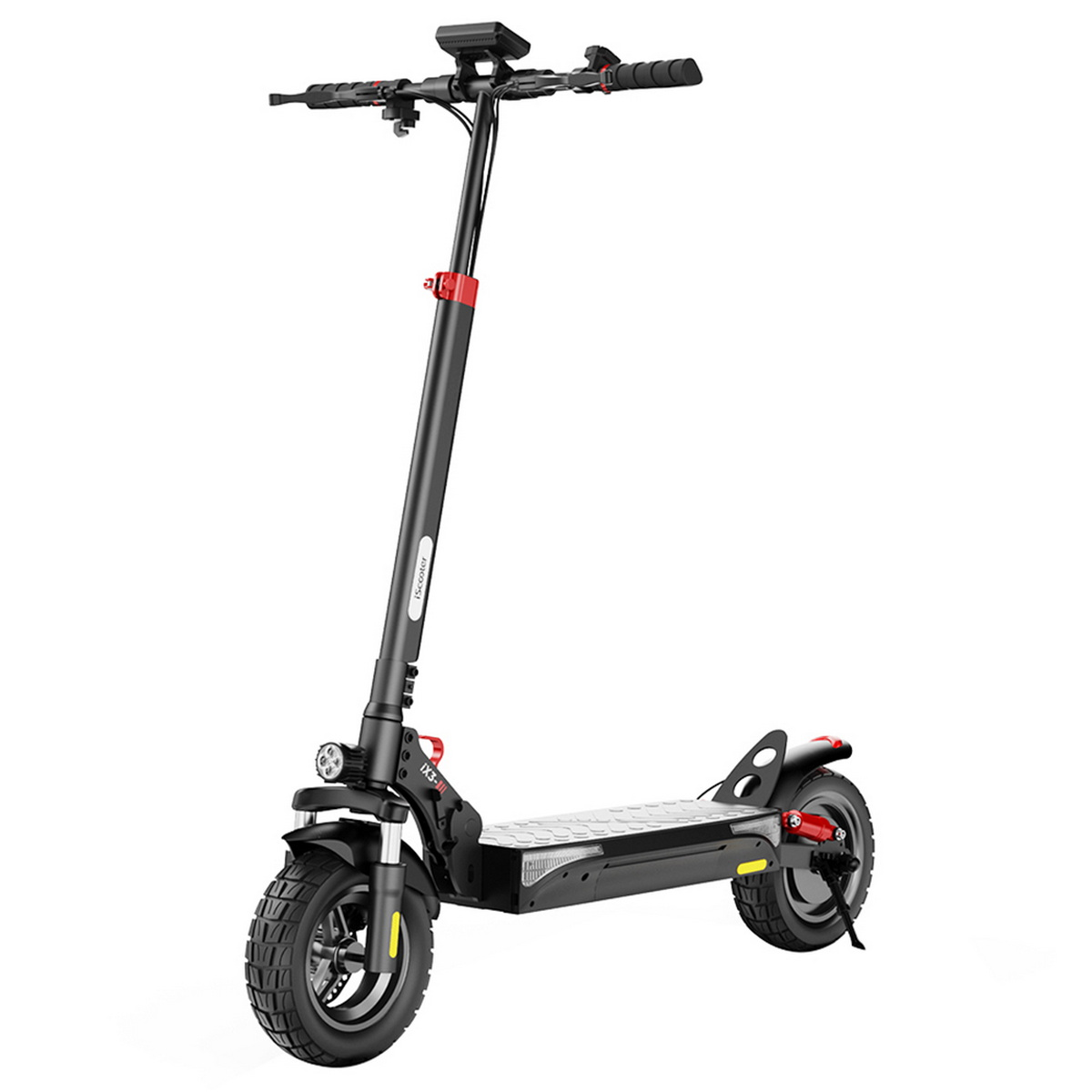 Scooter elettrico nero con dettagli rossi. È su sfondo bianco.