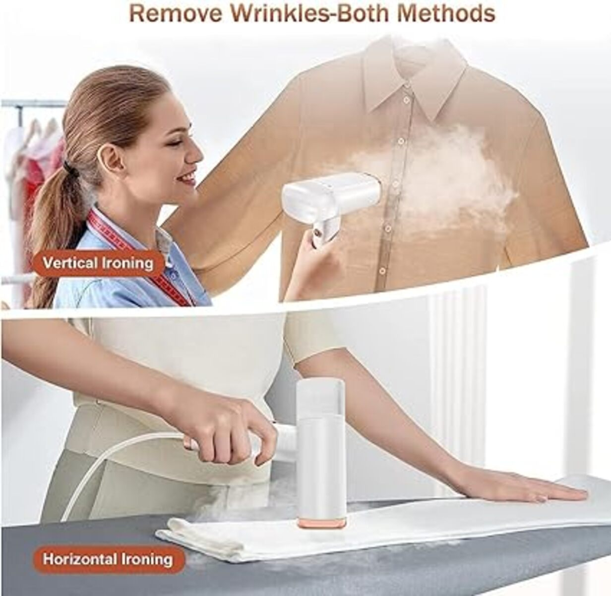 Mujer usando un vaporizador de mano en una camisa. Se muestran métodos de planchado horizontal y vertical.