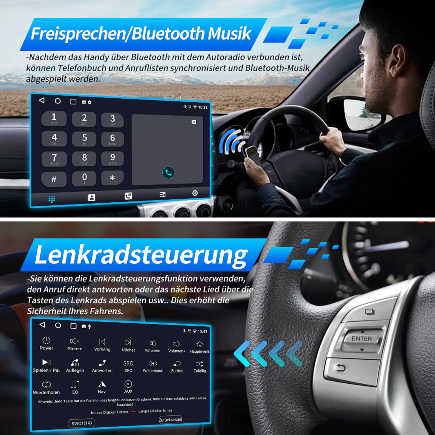 Armaturenbrett eines Autos mit Bildschirm, der eine Benutzeroberfläche zeigt, und Lenkrad mit Tasten.