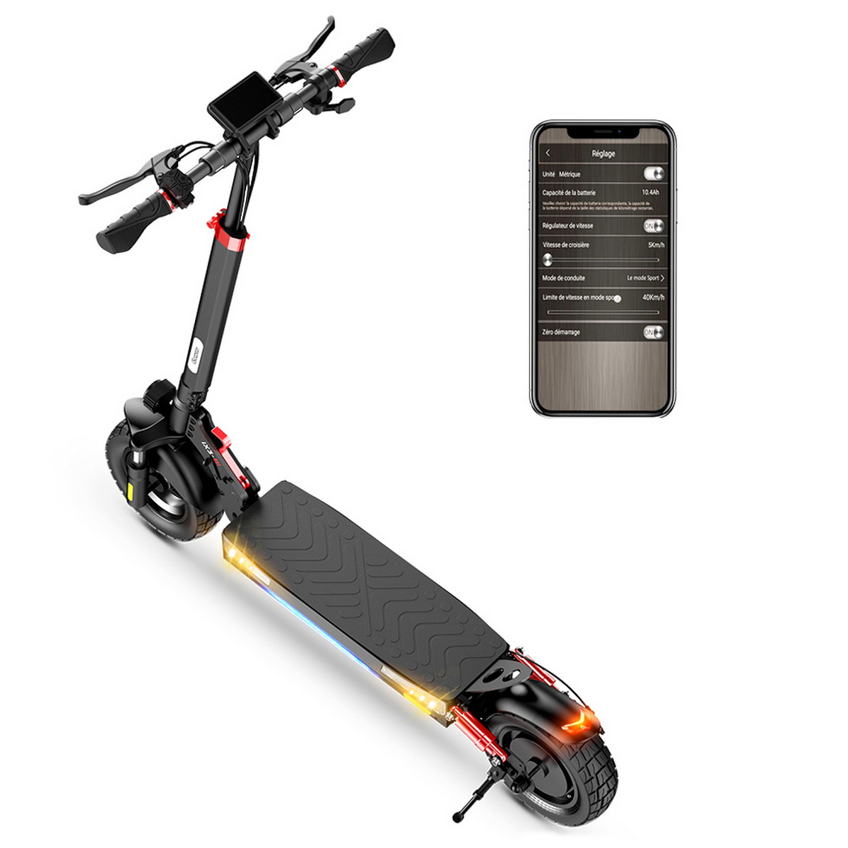 Scooter elettrico nero e rosso. Uno smartphone con impostazioni a destra.