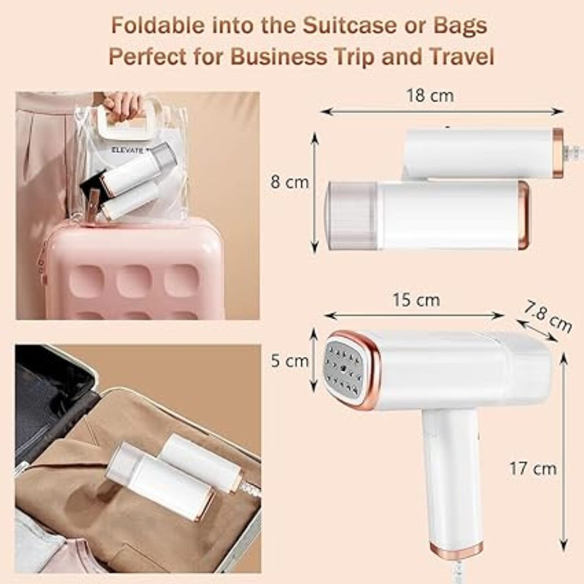 Una maleta blanca y rosa con una plancha de viaje pequeña y accesorios mostrados con dimensiones y texto.