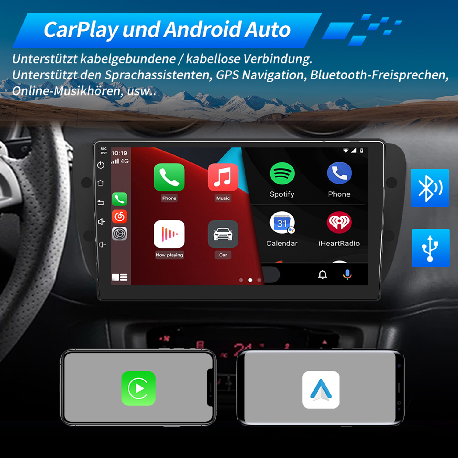 CarPlay- und Android Auto-Oberfläche auf einem Fahrzeugdisplay mit zwei Smartphones darunter.