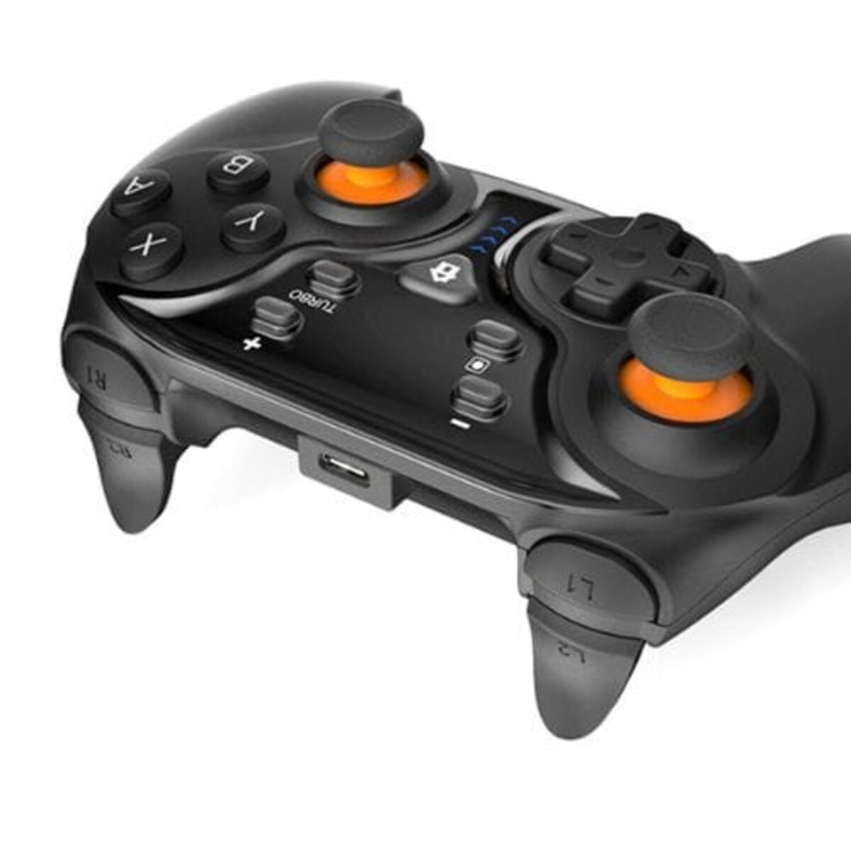 Un mando de juego negro con detalles en naranja. Los botones incluyen A, B, X, Y y la cruceta.